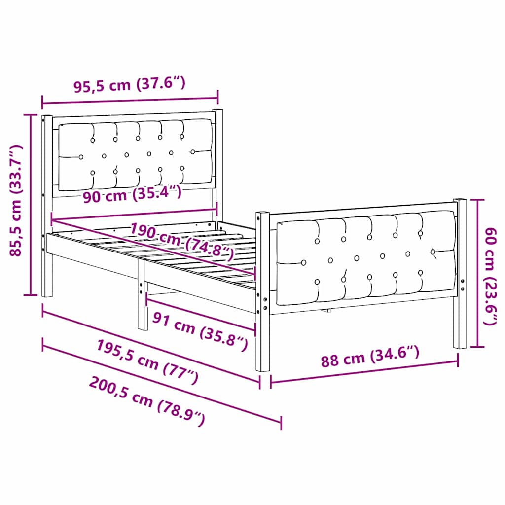 vidaXL Ramka łóżka Ciemnoszary 90 x 190 cm Lite drewno sosnowe