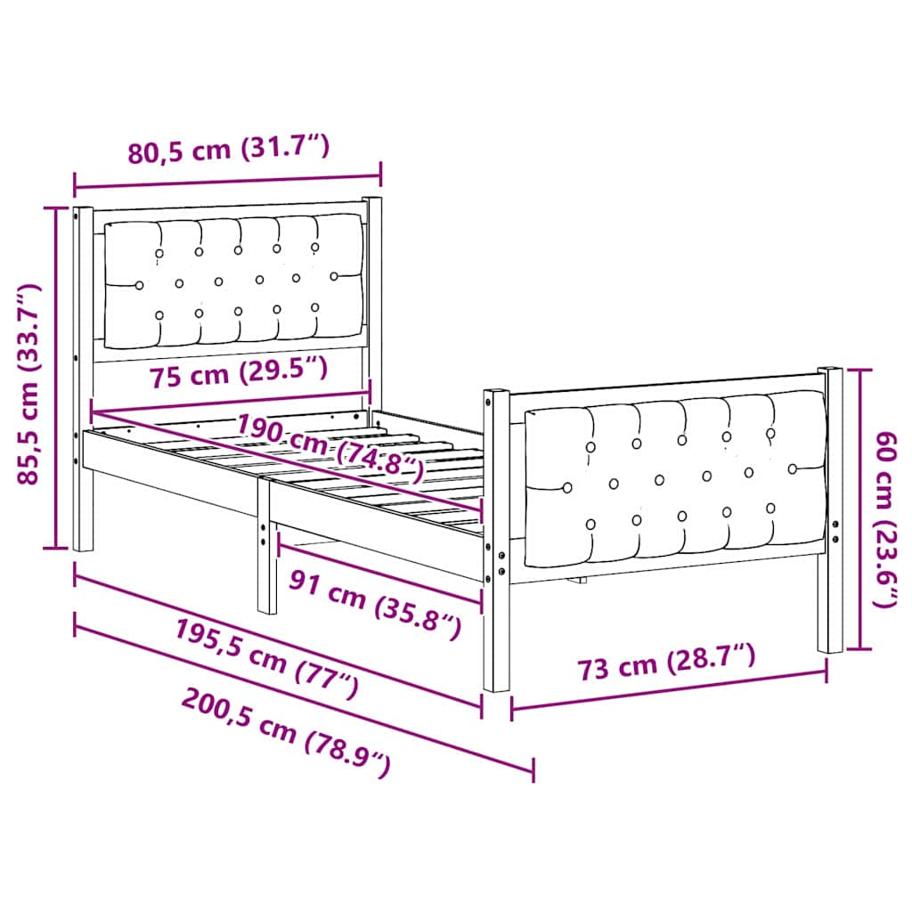 vidaXL Ramka łóżka Z zagłówkiem Czarny 75 x 190 cm Lite drewno sosnowe