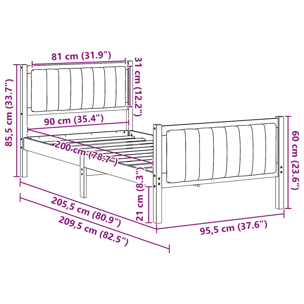 vidaXL Rama łóżka Z zagłówkiem brązowy i ciemnoszary 90 x 200 cm
