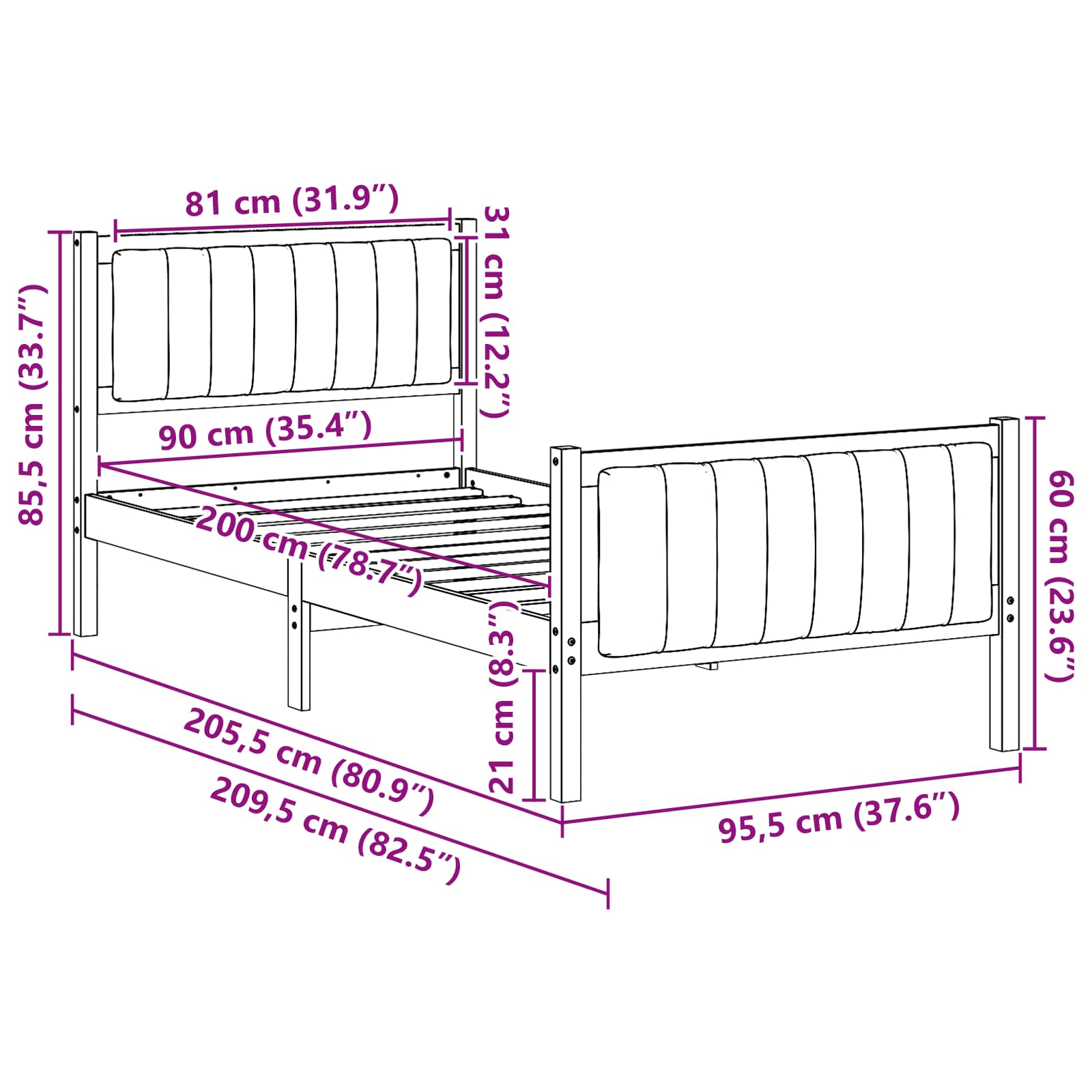 vidaXL Rama łóżka Z zagłówkiem brązowy i ciemnoszary 90 x 200 cm