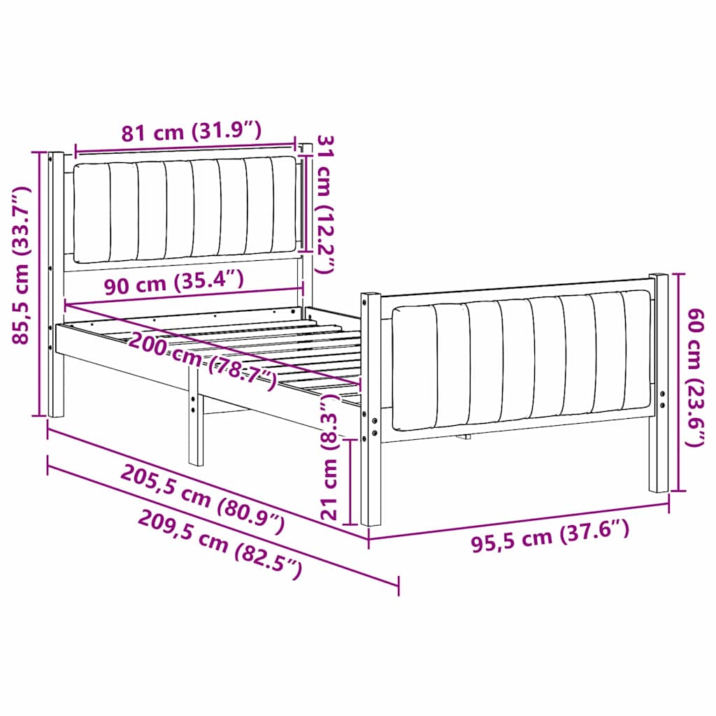 vidaXL Rama łóżka Brązowy i taupe 90 x 200 cm Lite drewno sosnowe