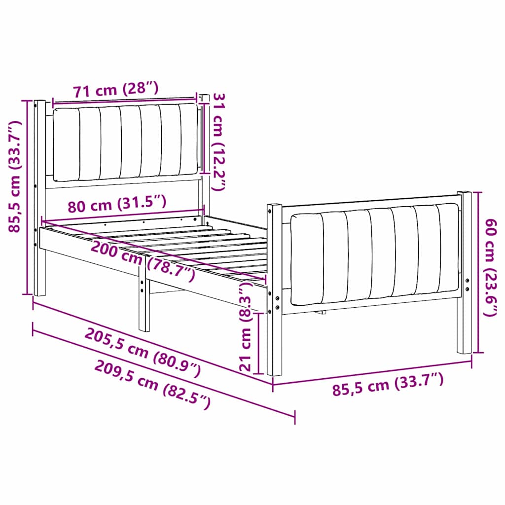 vidaXL Rama łóżka Brązowy i taupe 80 x 200 cm Lite drewno sosnowe