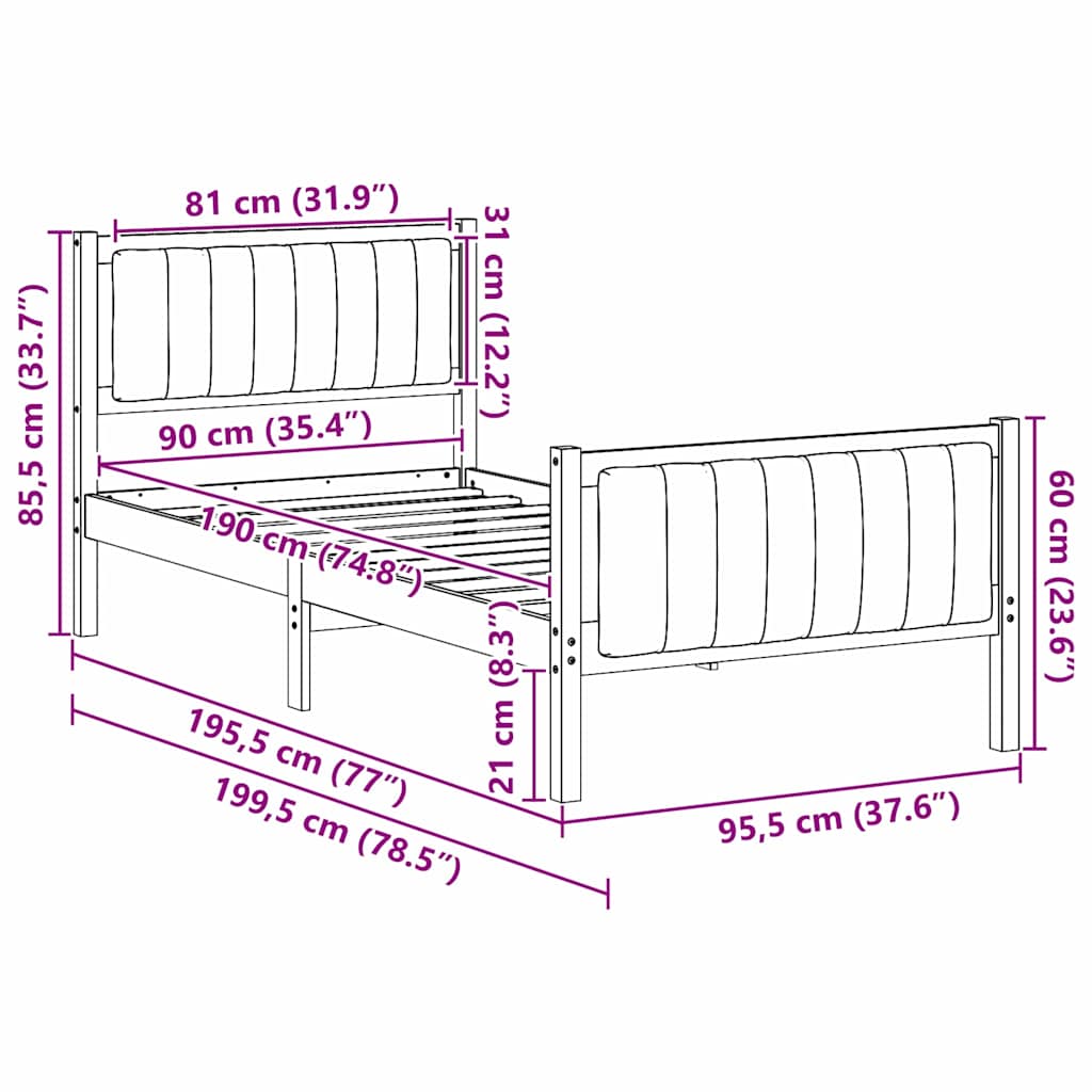 vidaXL Rama łóżka Z zagłówkiem brązowy i ciemnoszary 90 x 190 cm