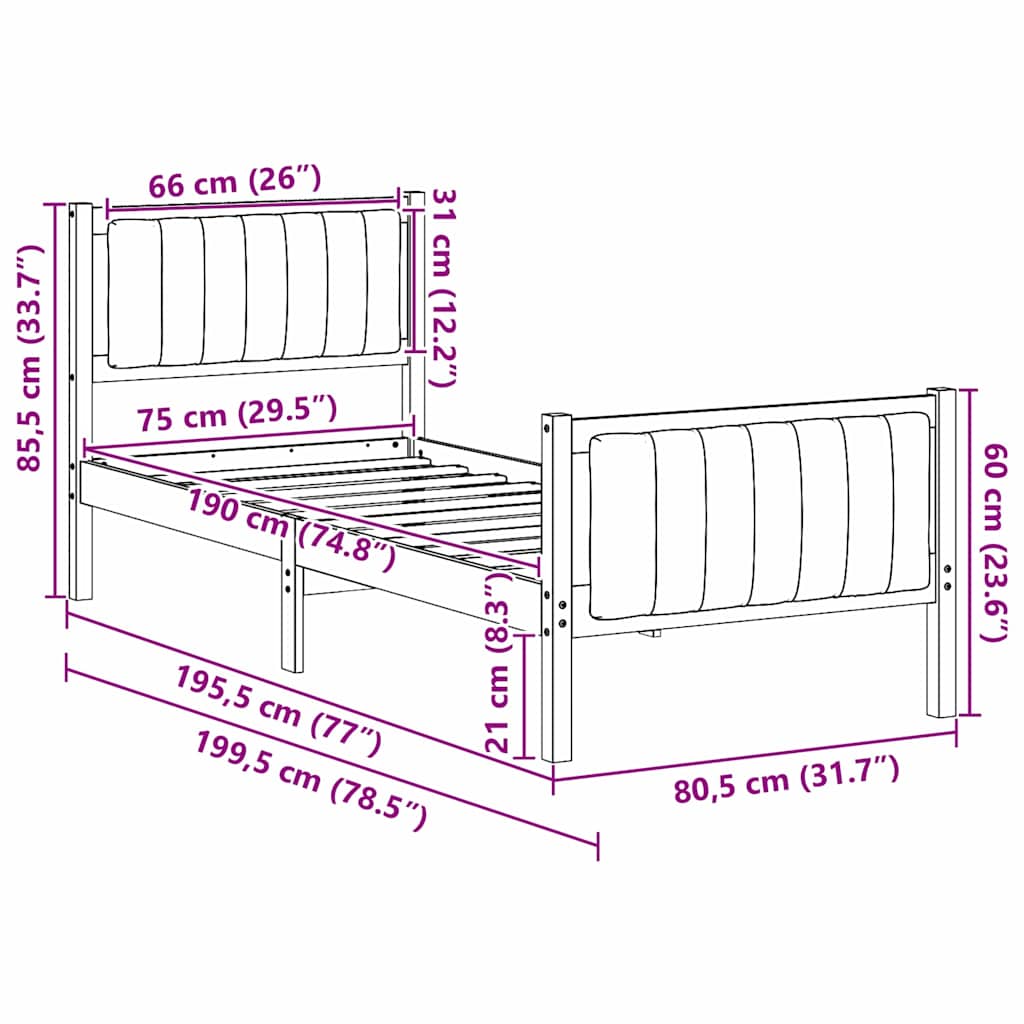 vidaXL Rama łóżka Biały i jasnoszary 75 x 190 cm Lite drewno sosnowe