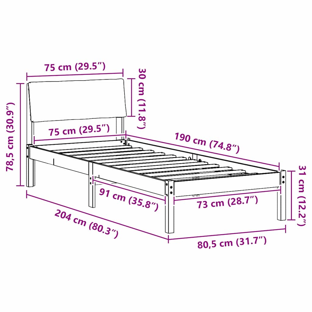 vidaXL Rama łóżka Brązowy i jasnoszary 75 x 190 cm Lite drewno sosnowe