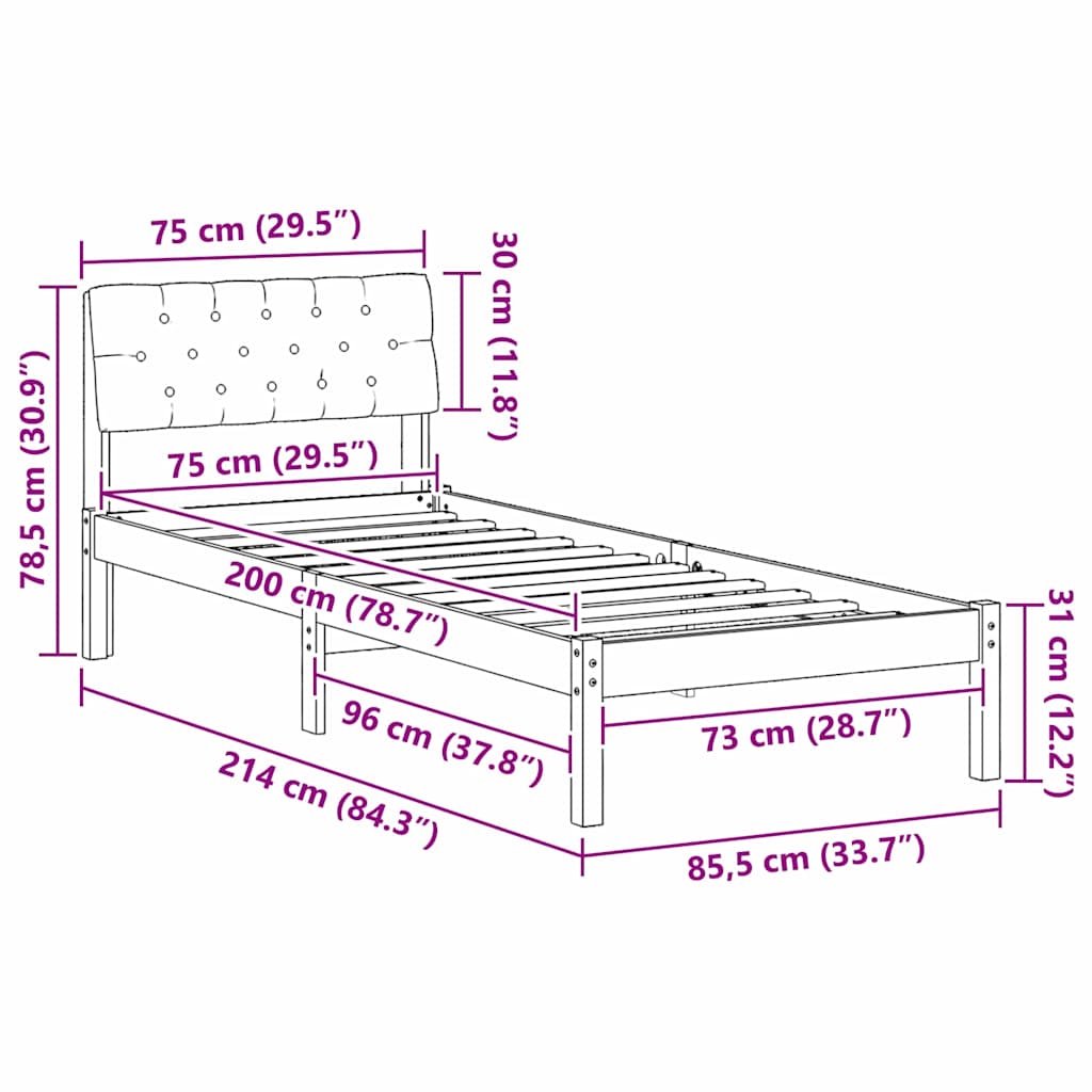 vidaXL Rama łóżka Brązowy i taupe 75 x 190 cm Lite drewno sosnowe