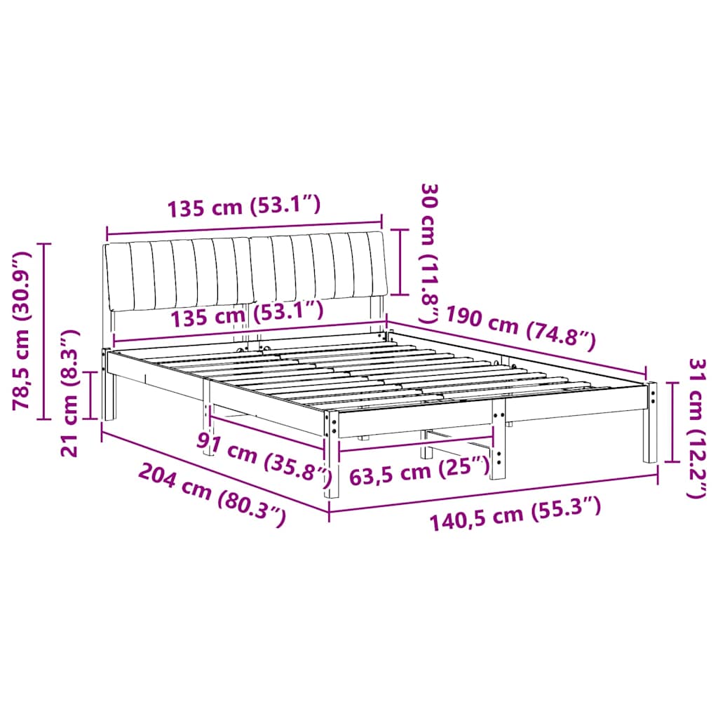 vidaXL Rama łóżka Brązowy i taupe 135 x 190 cm Lite drewno sosnowe