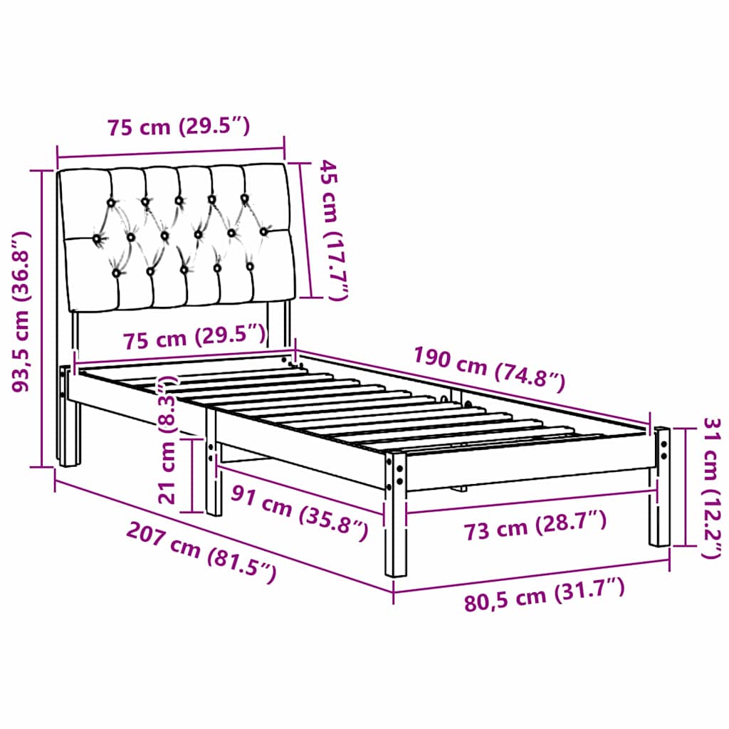 vidaXL Ramka łóżka z tapicerowanym wezgłowiem Brązowy 75 x 190 cm