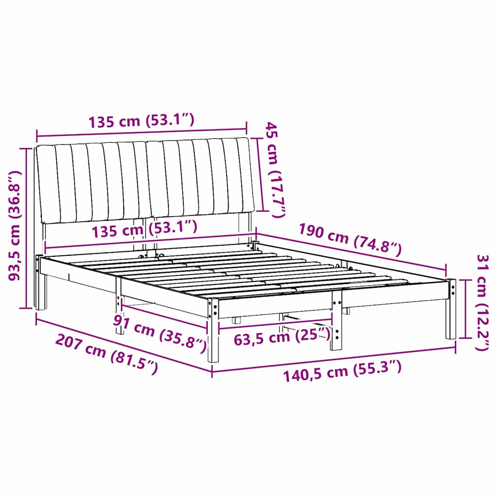 vidaXL Ramka łóżka Brązowy 135 x 190 cm Lite drewno sosnowe