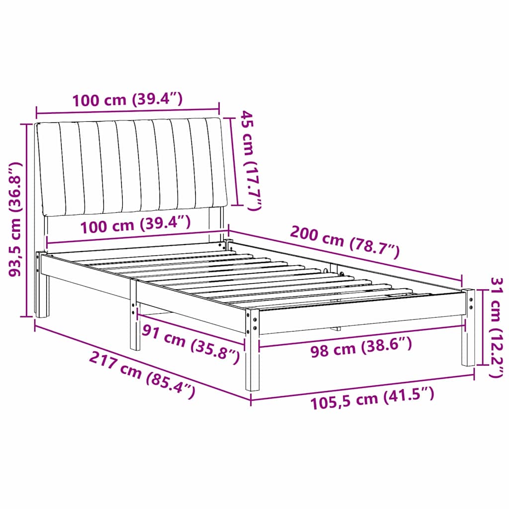 vidaXL Ramka łóżka Brązowy 100 x 200 cm Lite drewno sosnowe