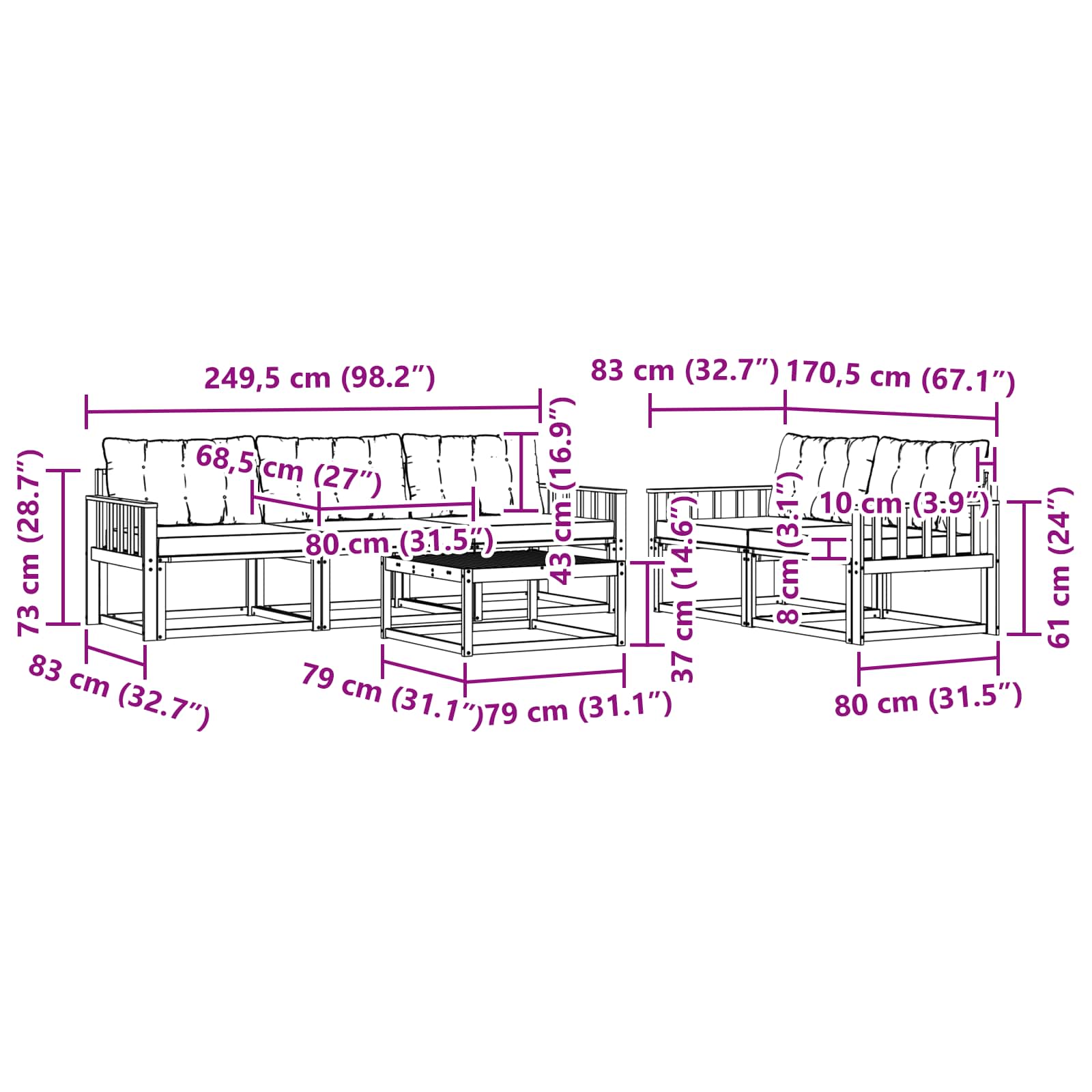 vidaXL Zestaw sof na zewnątrz 6 pcs biały i czarny 79 x 79 x 37 cm