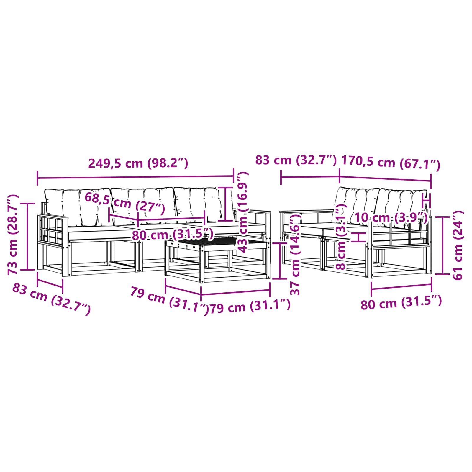 vidaXL Zestaw sof na zewnątrz 6 pcs Biały i jasnoszary 79 x 79 x 37 cm