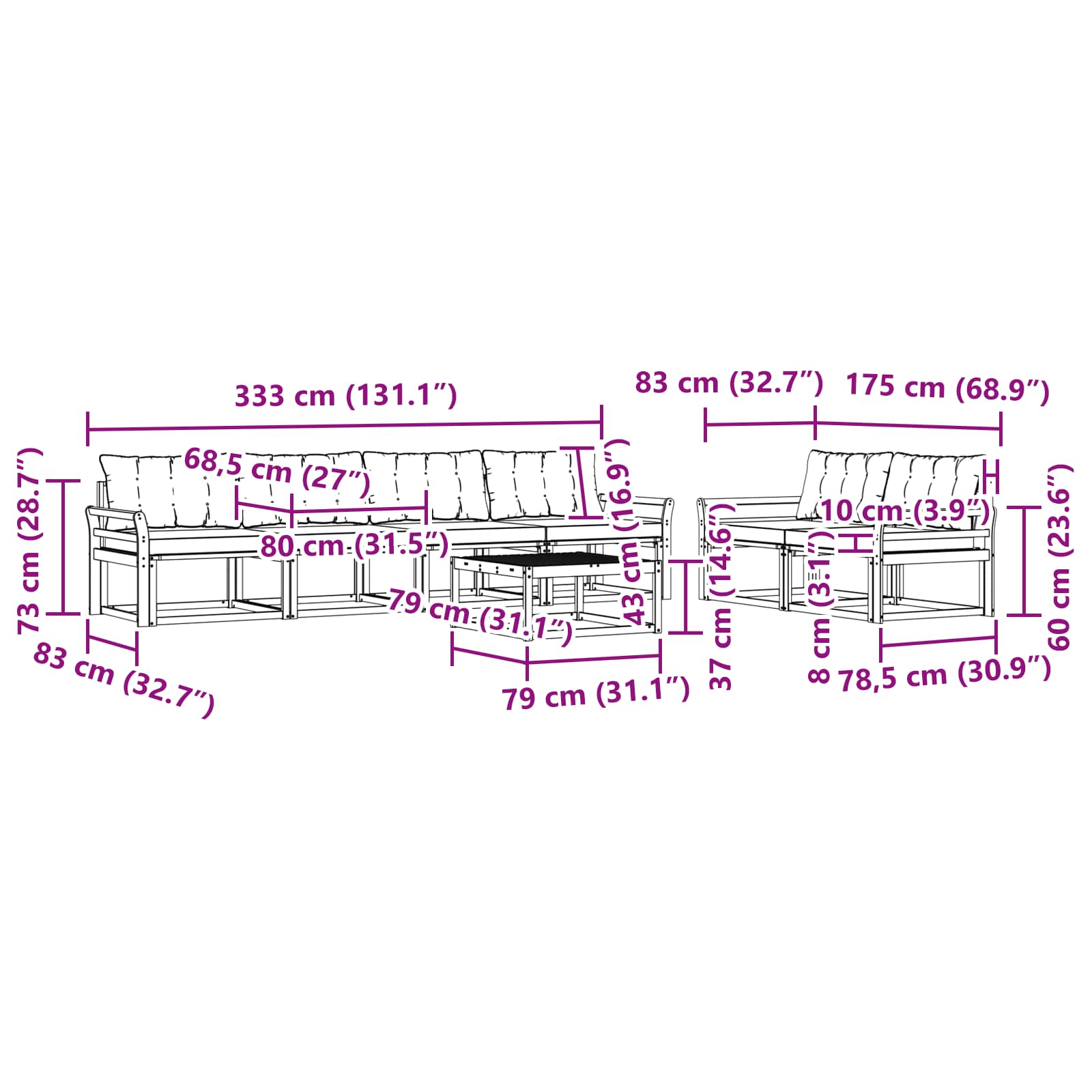 vidaXL Zestaw sof na zewnątrz 7 pcs biały i czarny 79 x 79 x 37 cm