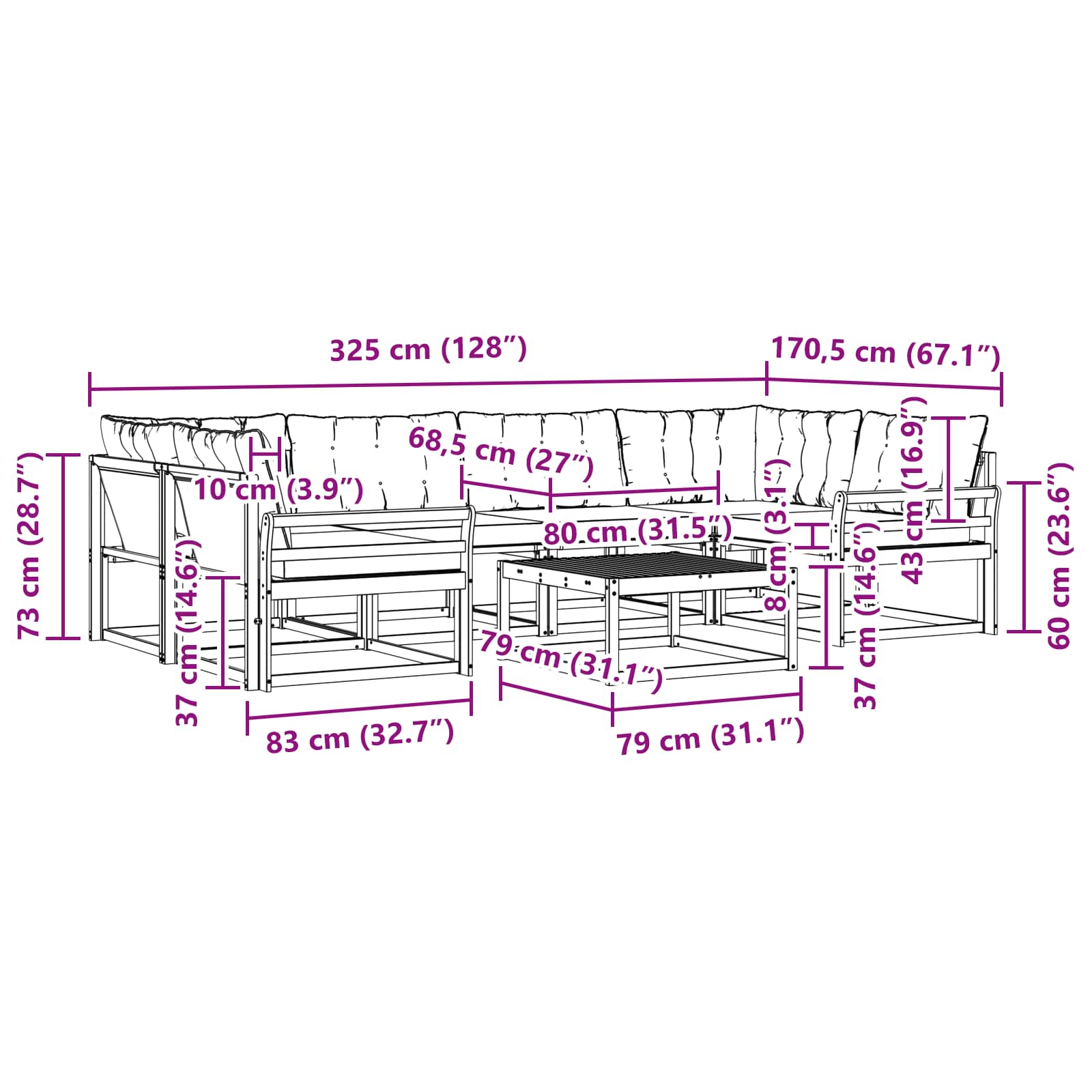 vidaXL Zestaw sof na zewnątrz 7 pcs Biały i Beżowy 79 x 79 x 37 cm