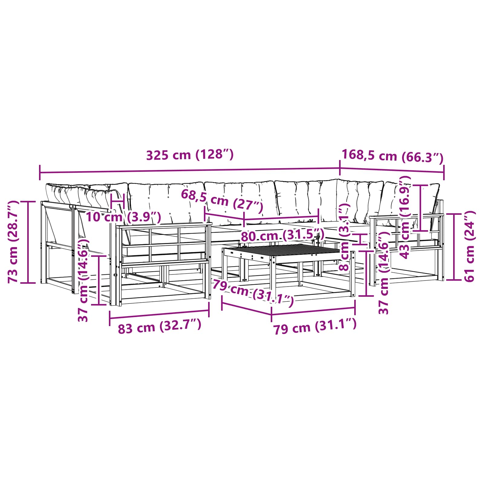 vidaXL Zestaw sof na zewnątrz 7 pcs Biały i kremowy 79 x 79 x 37 cm