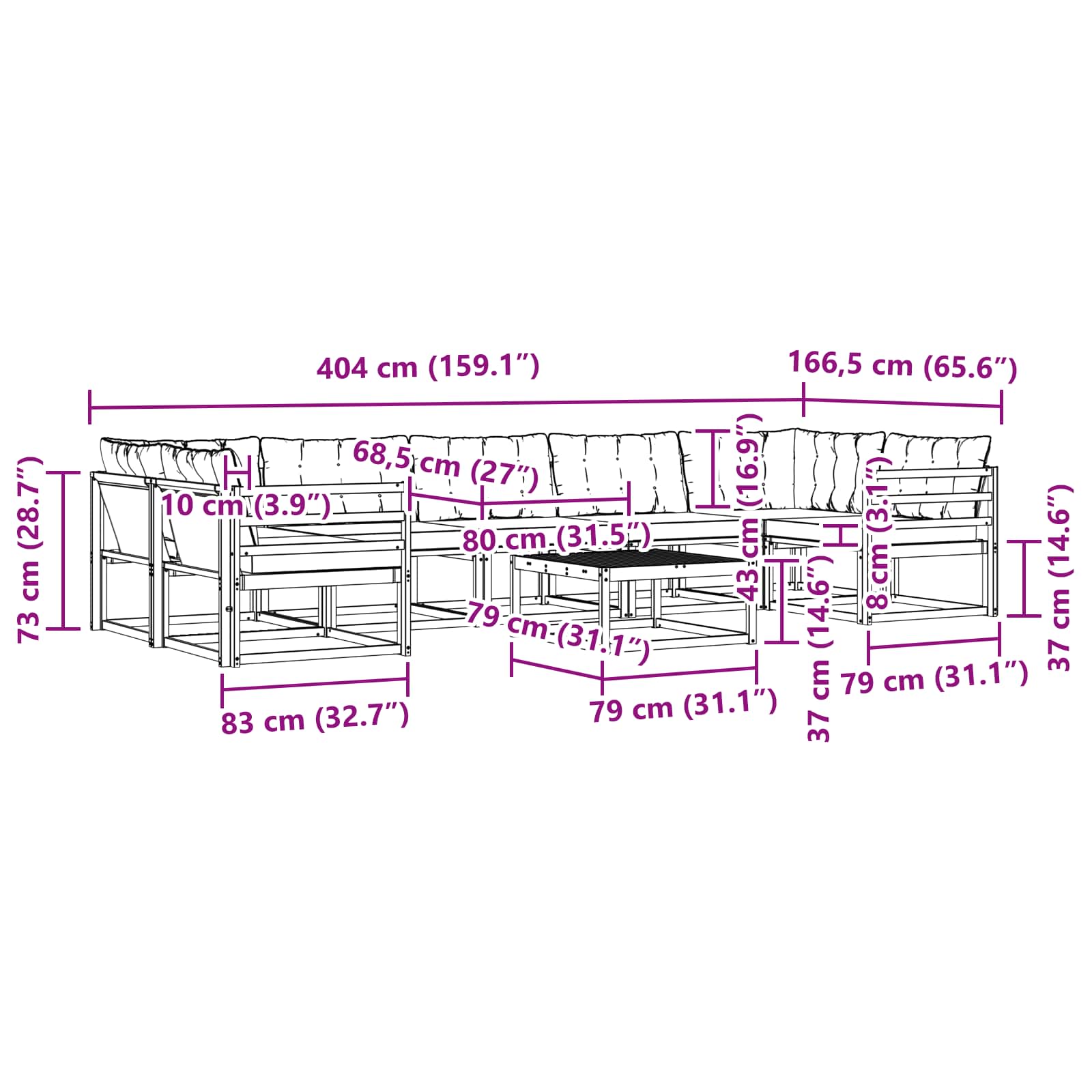 vidaXL Zestaw sof na zewnątrz 8 pcs biały i czarny 79 x 79 x 37 cm
