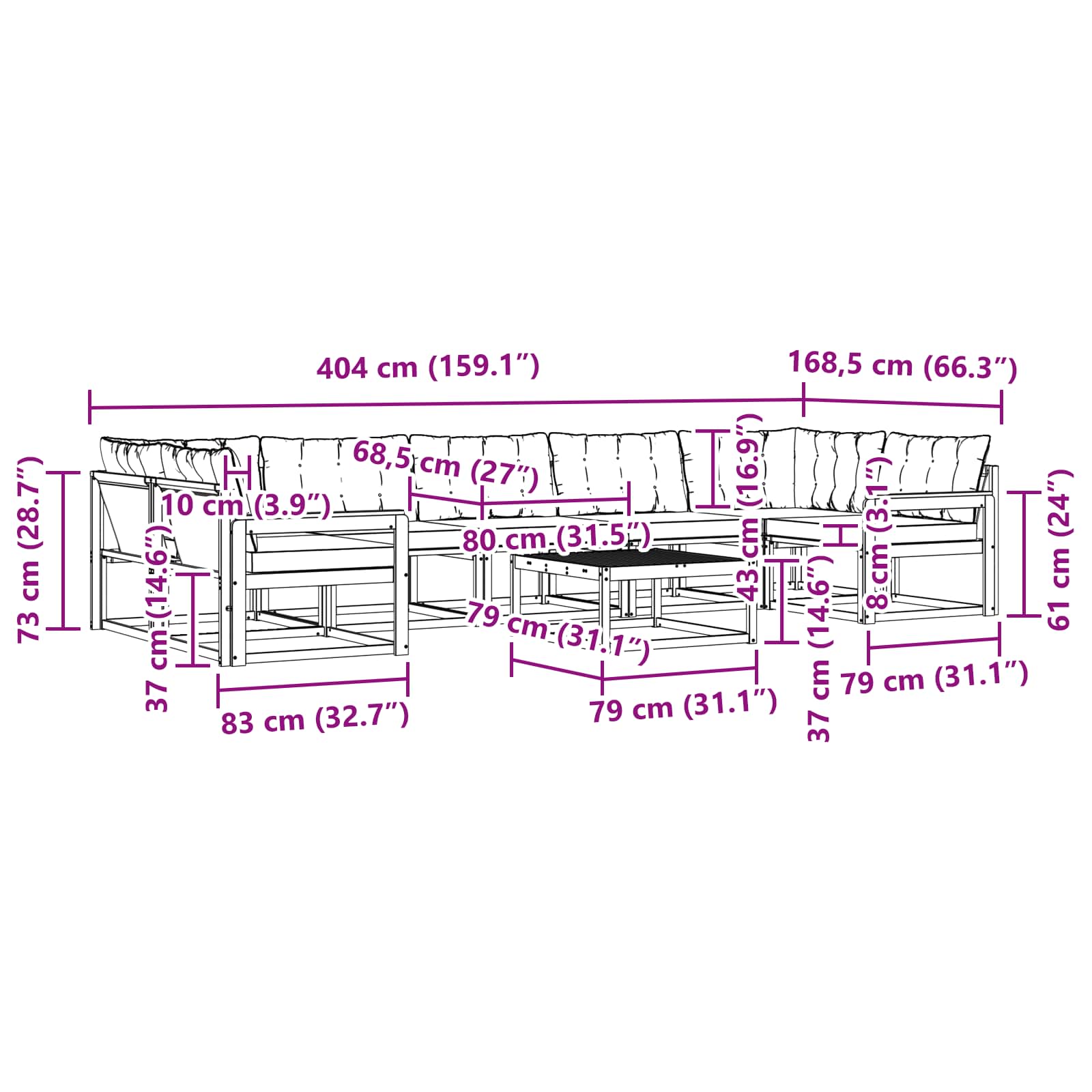 vidaXL Zestaw sof na zewnątrz 8 pcs biały i czarny 79 x 79 x 37 cm