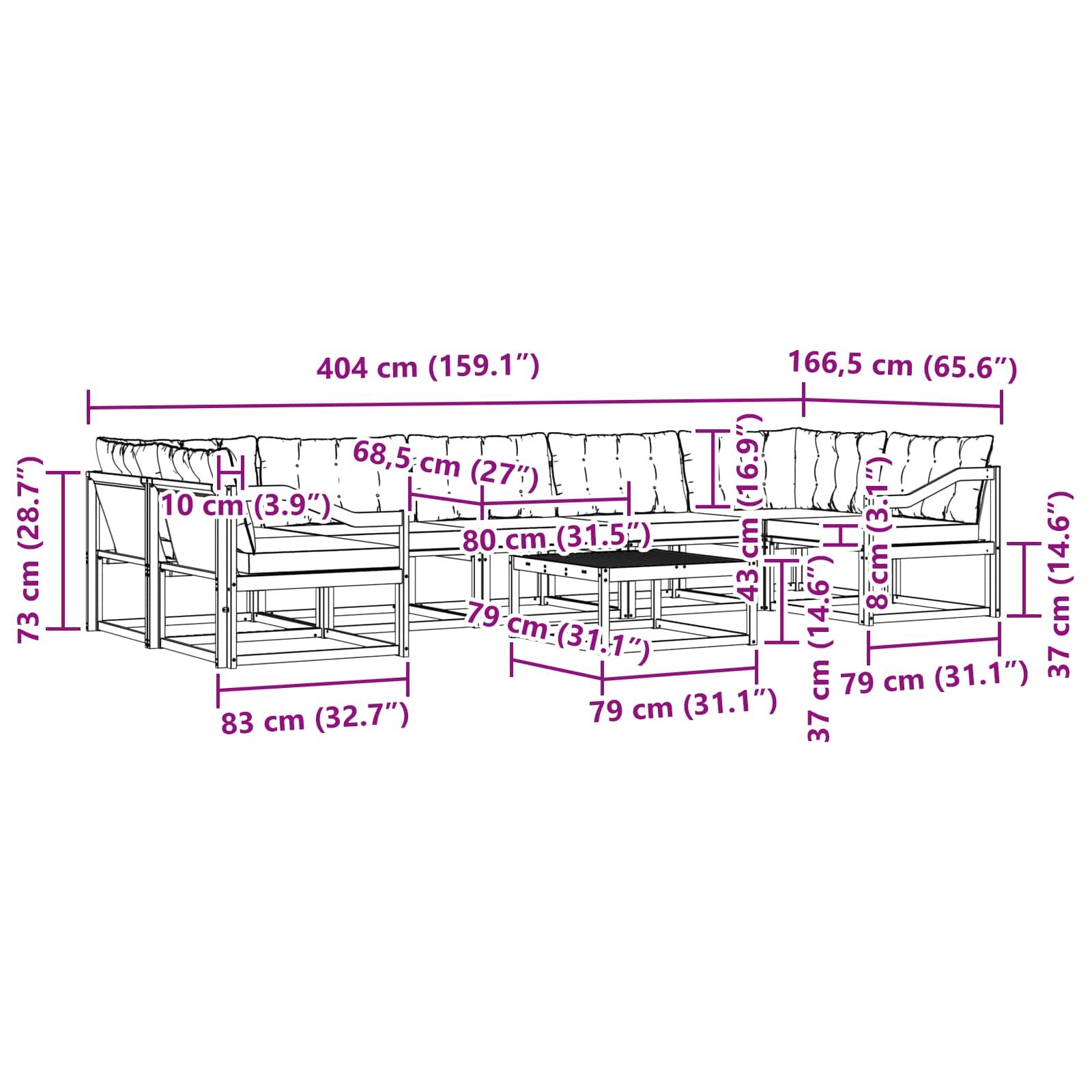 vidaXL Zestaw sof na zewnątrz 8 pcs Biały i Beżowy 79 x 79 x 37 cm