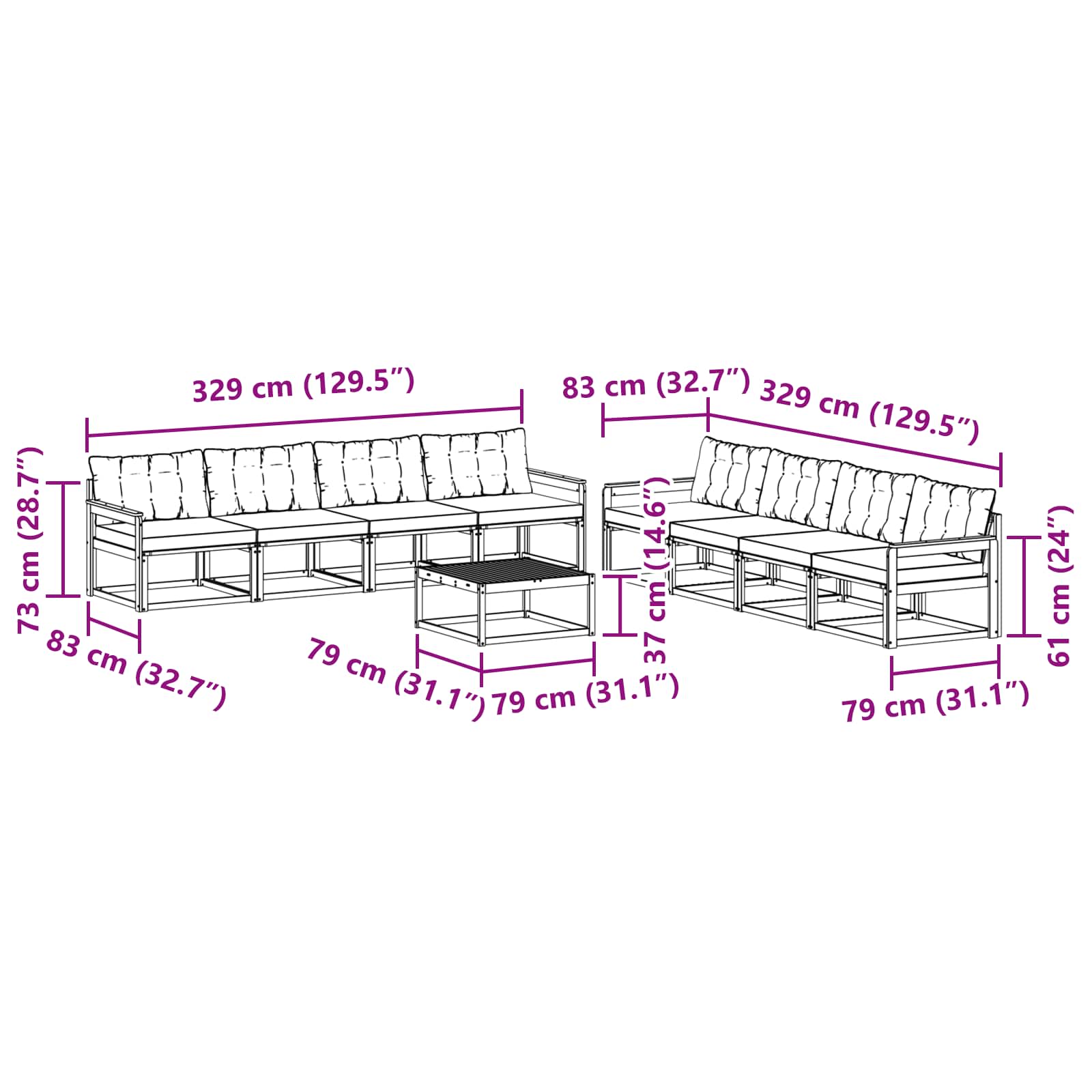 vidaXL Zestaw sof na zewnątrz 9 pcs biały i czarny 79 x 79 x 37 cm