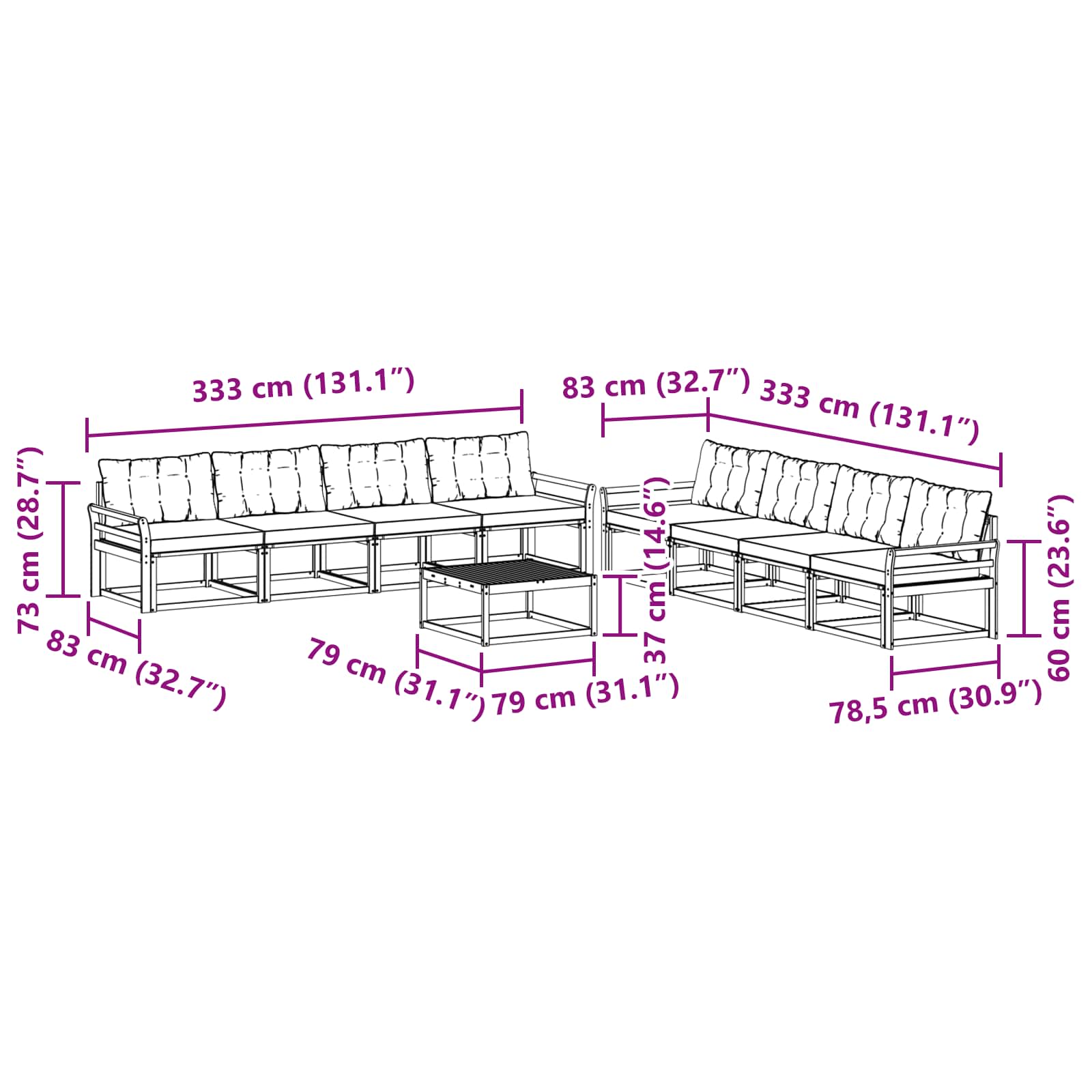 vidaXL Zestaw sof na zewnątrz 9 pcs biały i czarny 79 x 79 x 37 cm