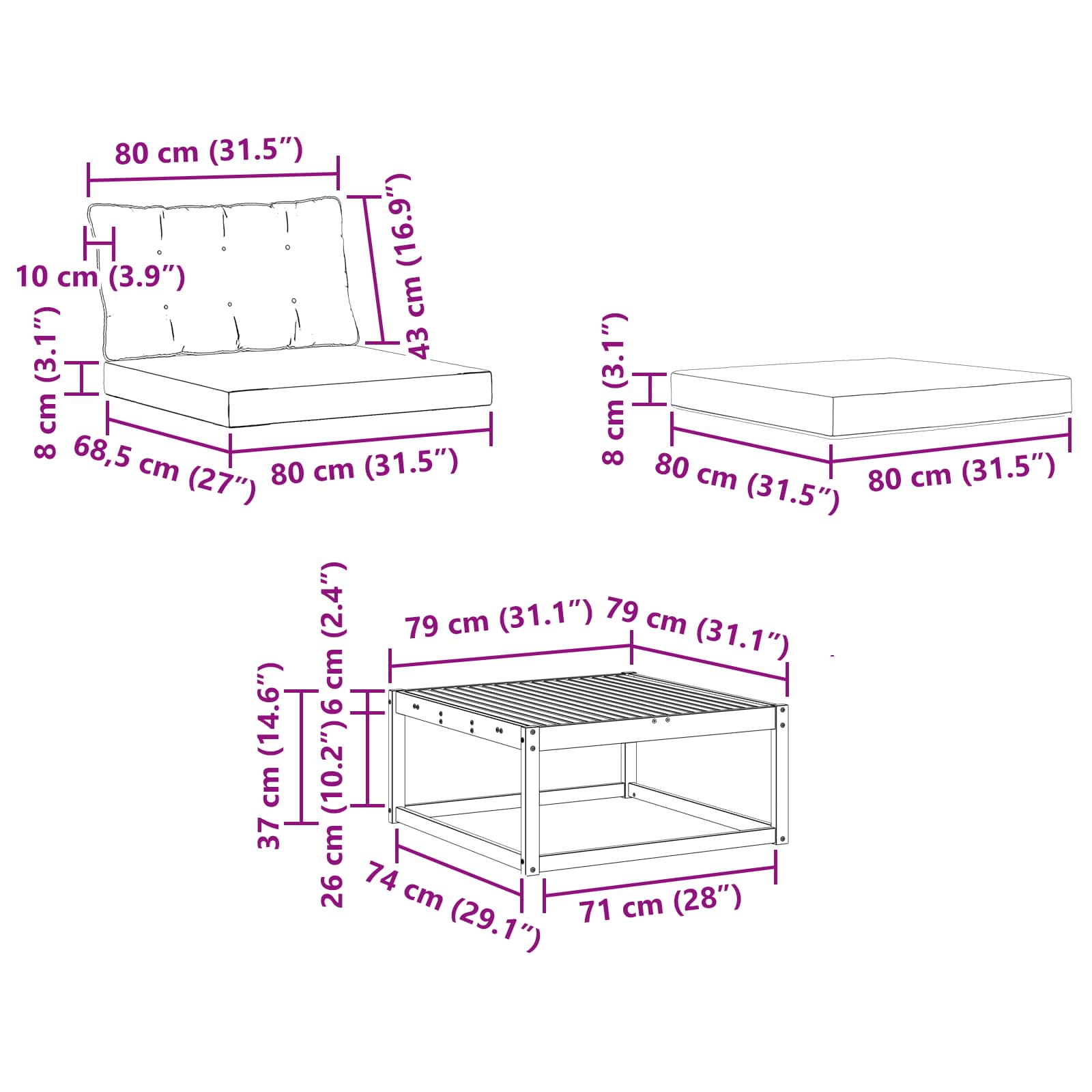 vidaXL Zestaw sof na zewnątrz 6 pcs Biały i Beżowy 79 x 79 x 37 cm