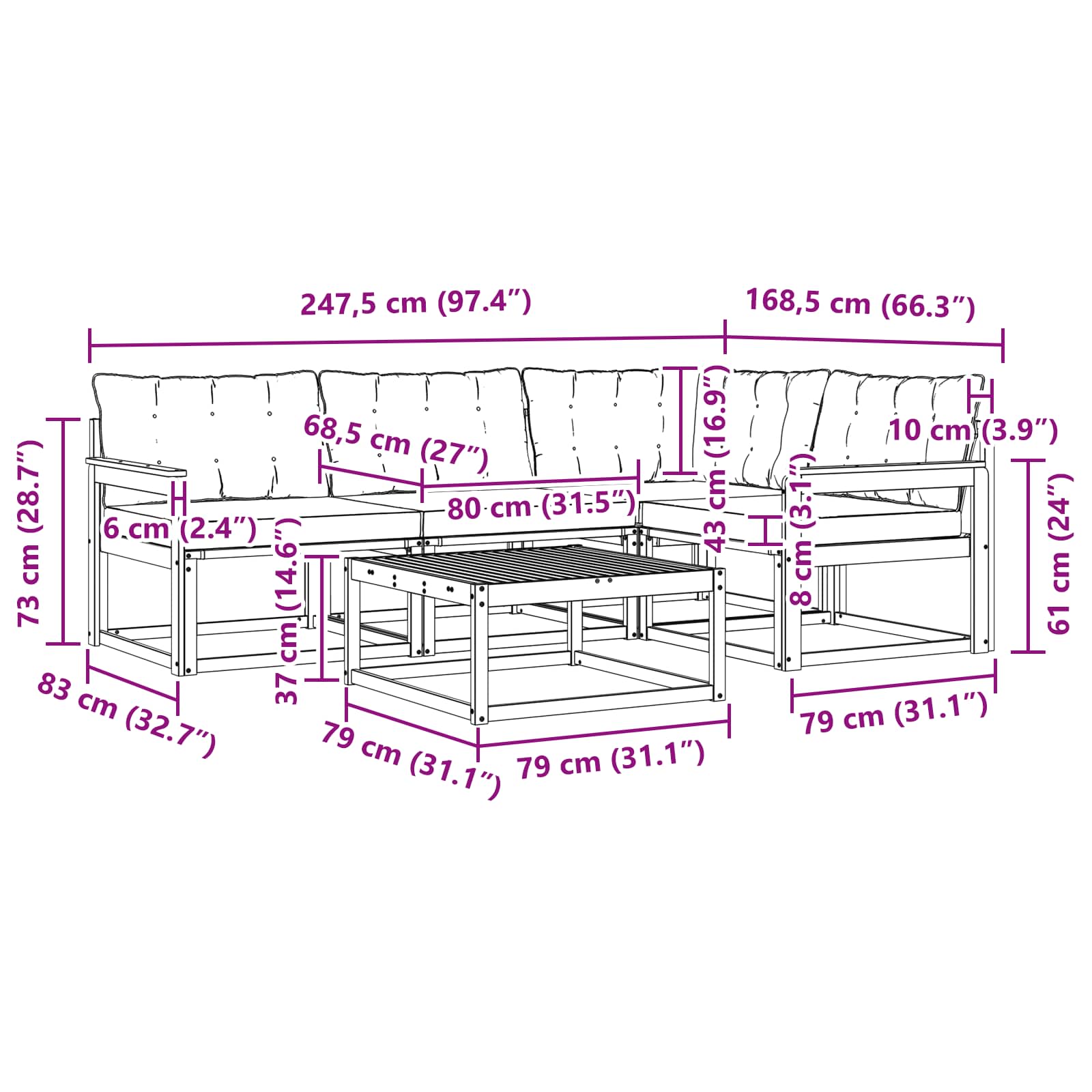 vidaXL Zestaw sof na zewnątrz 5 pcs biały i czarny 79 x 79 x 37 cm