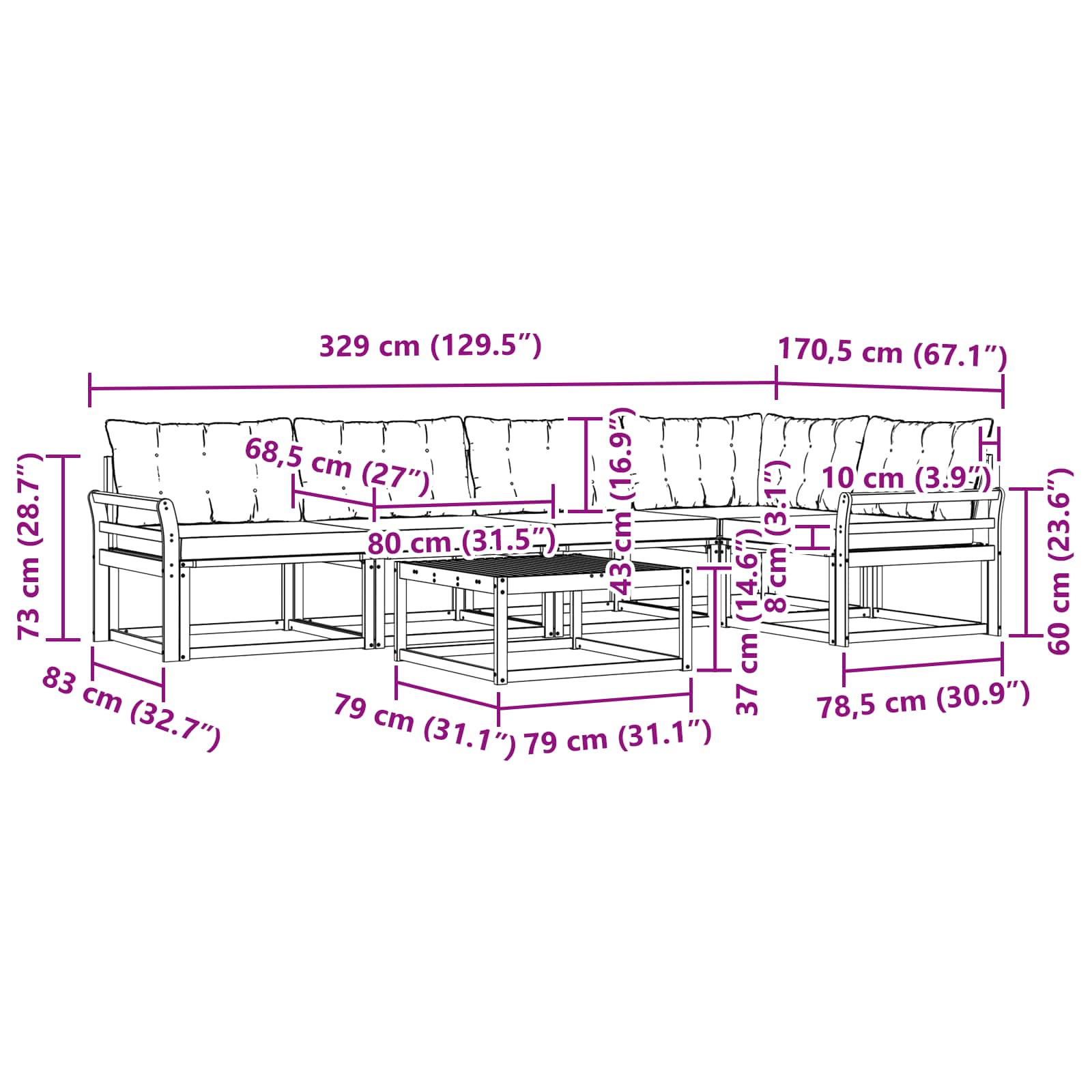 vidaXL Zestaw sof na zewnątrz 6 pcs biały i czarny 79 x 79 x 37 cm