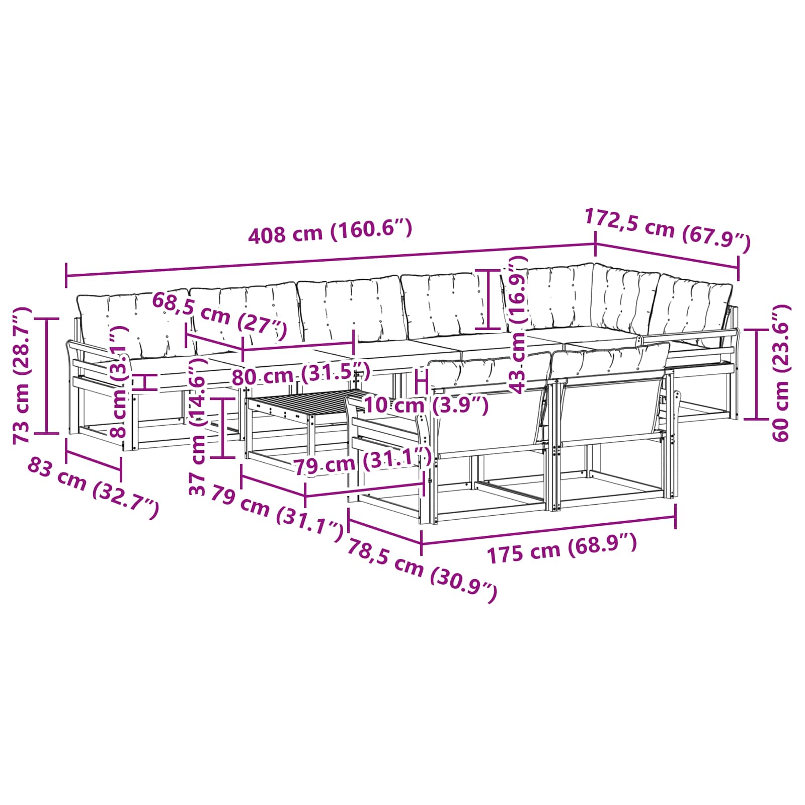 vidaXL Zestaw sof na zewnątrz 9 pcs Biały i Beżowy 79 x 79 x 37 cm