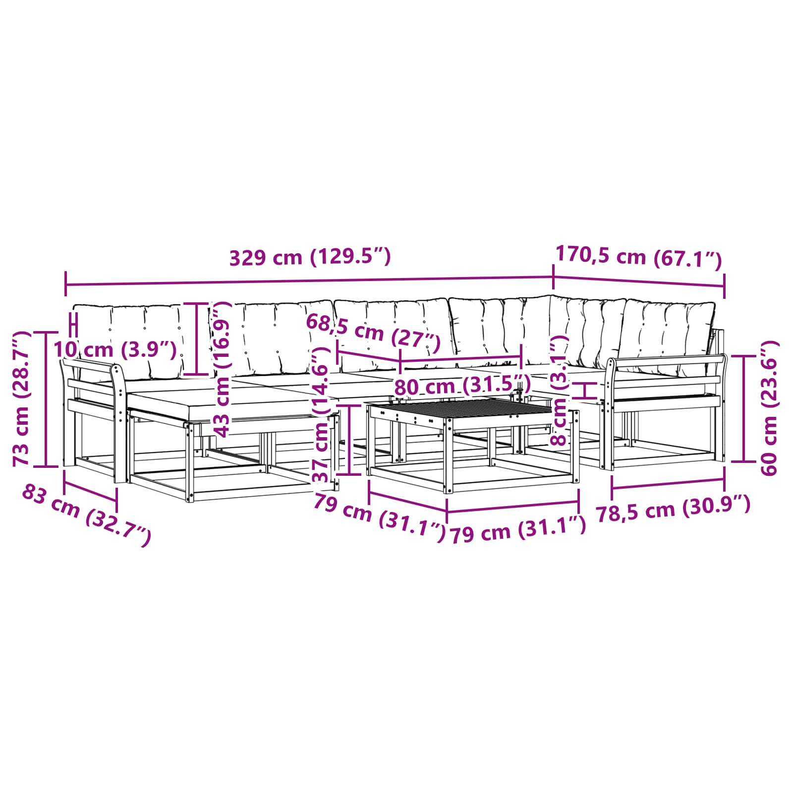vidaXL Zestaw sof na zewnątrz 7 pcs biały i czarny 79 x 79 x 37 cm