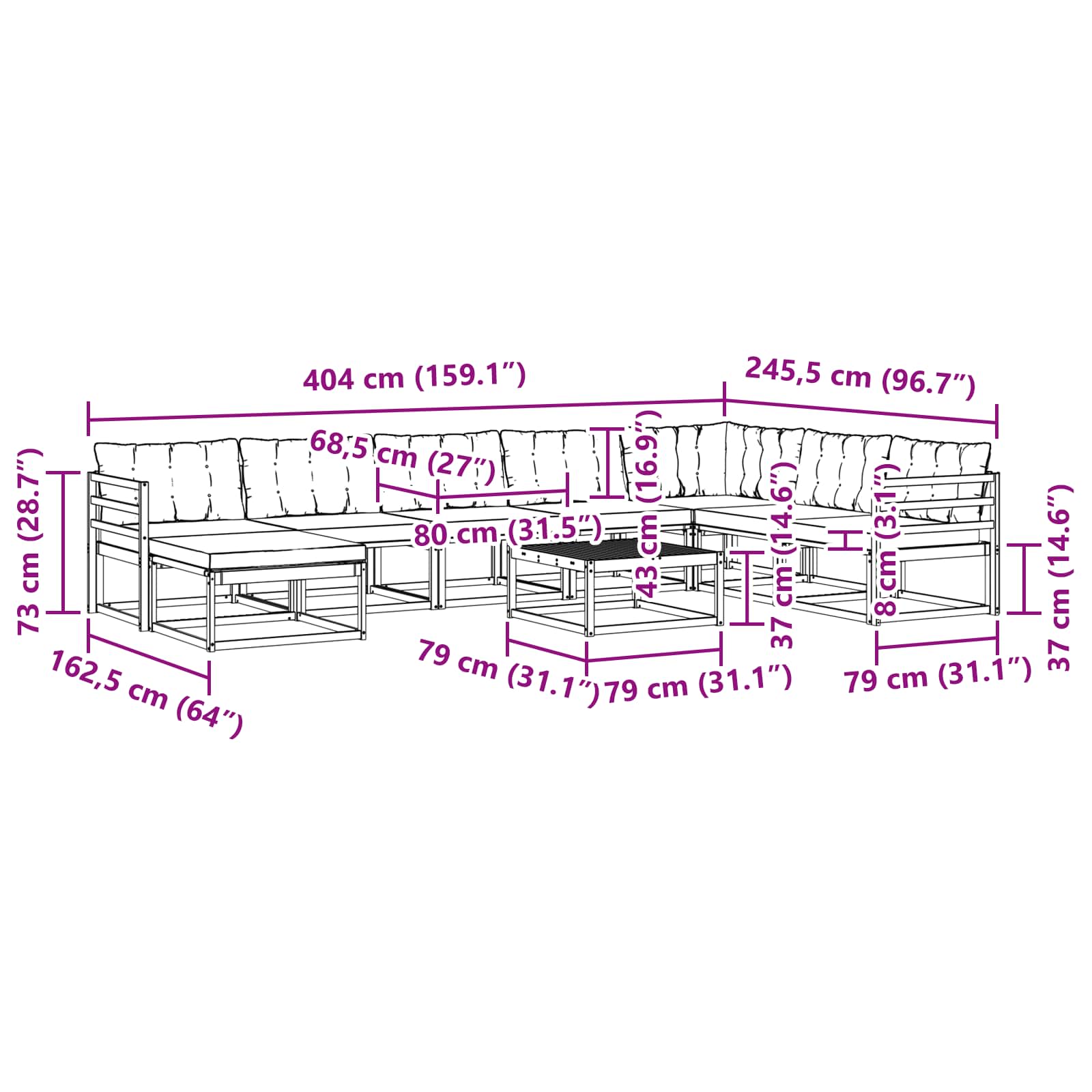 vidaXL Zestaw sof na zewnątrz 9 pcs Biały i kremowy 79 x 79 x 37 cm
