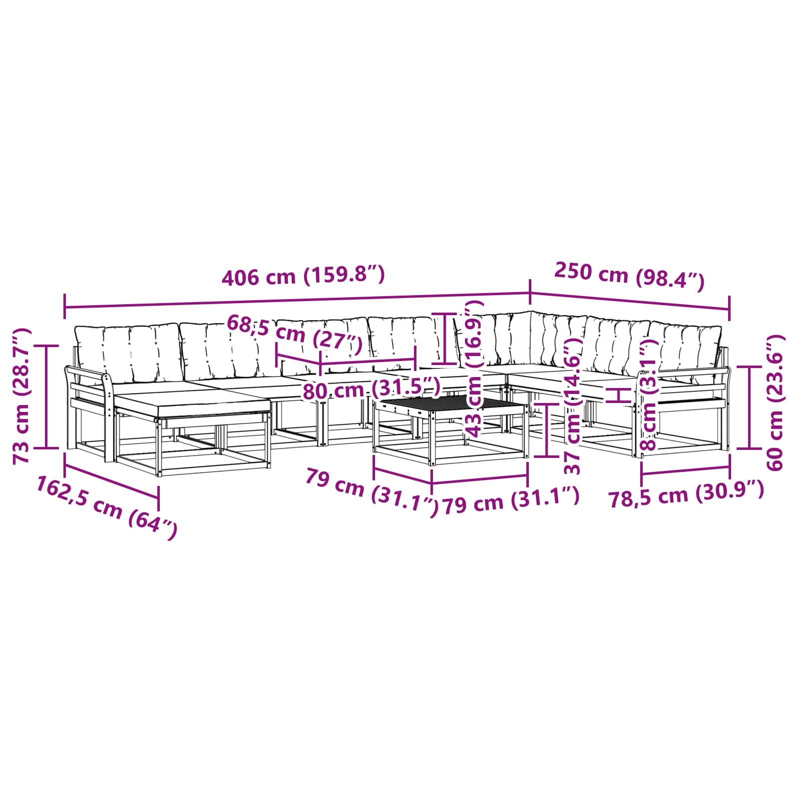 vidaXL Zestaw sof na zewnątrz 9 pcs Biały i kremowy 79 x 79 x 37 cm