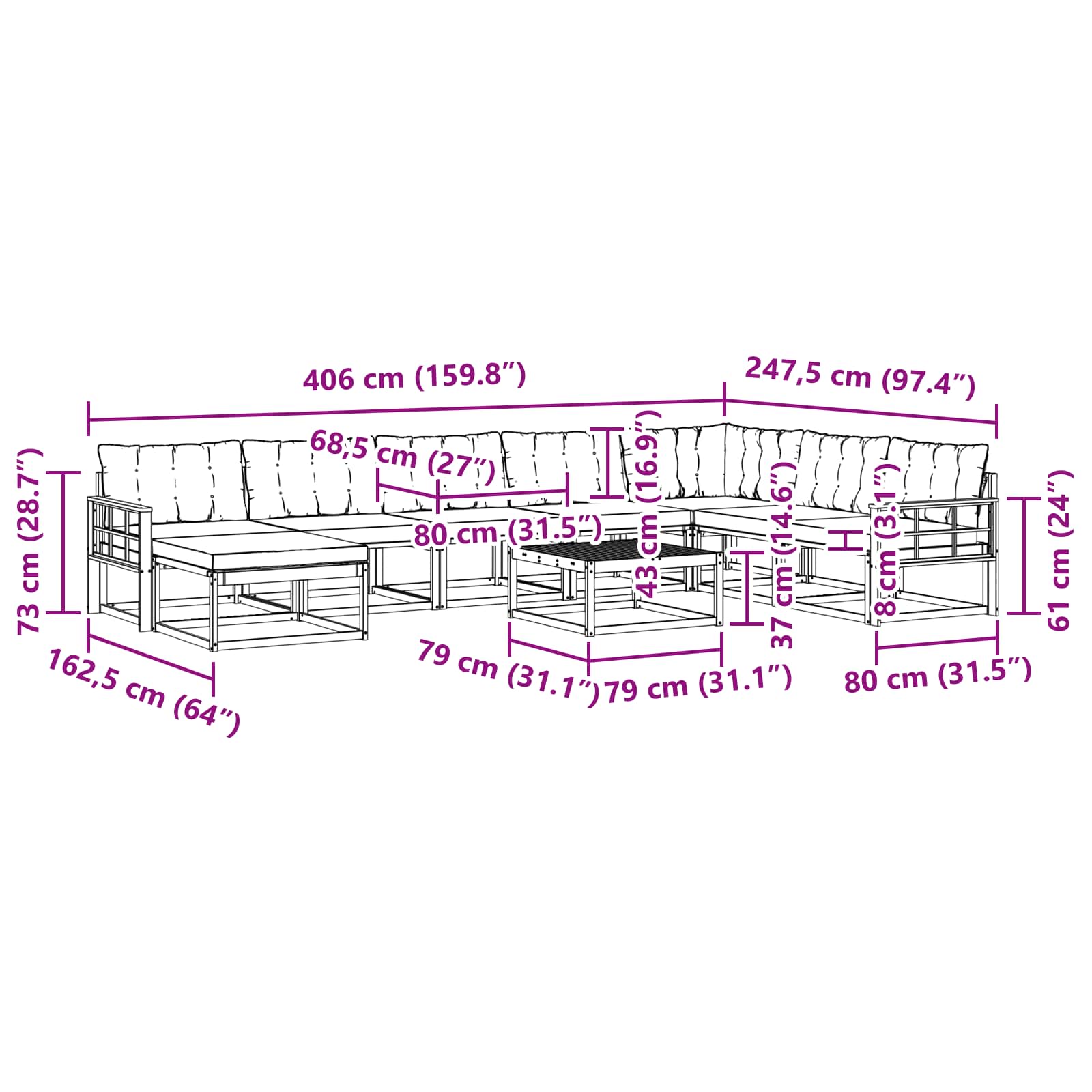 vidaXL Zestaw sof na zewnątrz 9 pcs Biały i jasnoszary 79 x 79 x 37 cm
