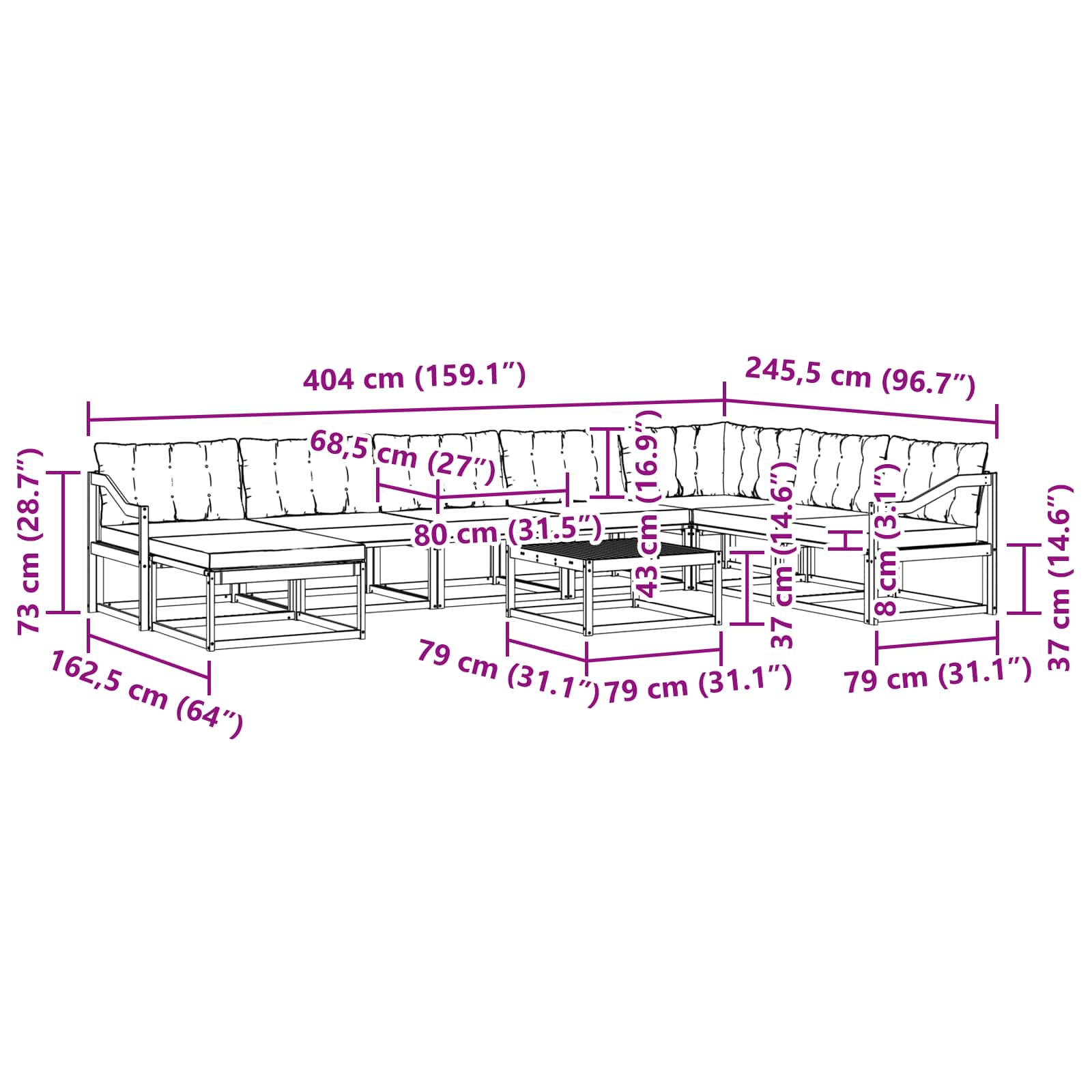 vidaXL Zestaw sof na zewnątrz 9 pcs biały i czarny 79 x 79 x 37 cm