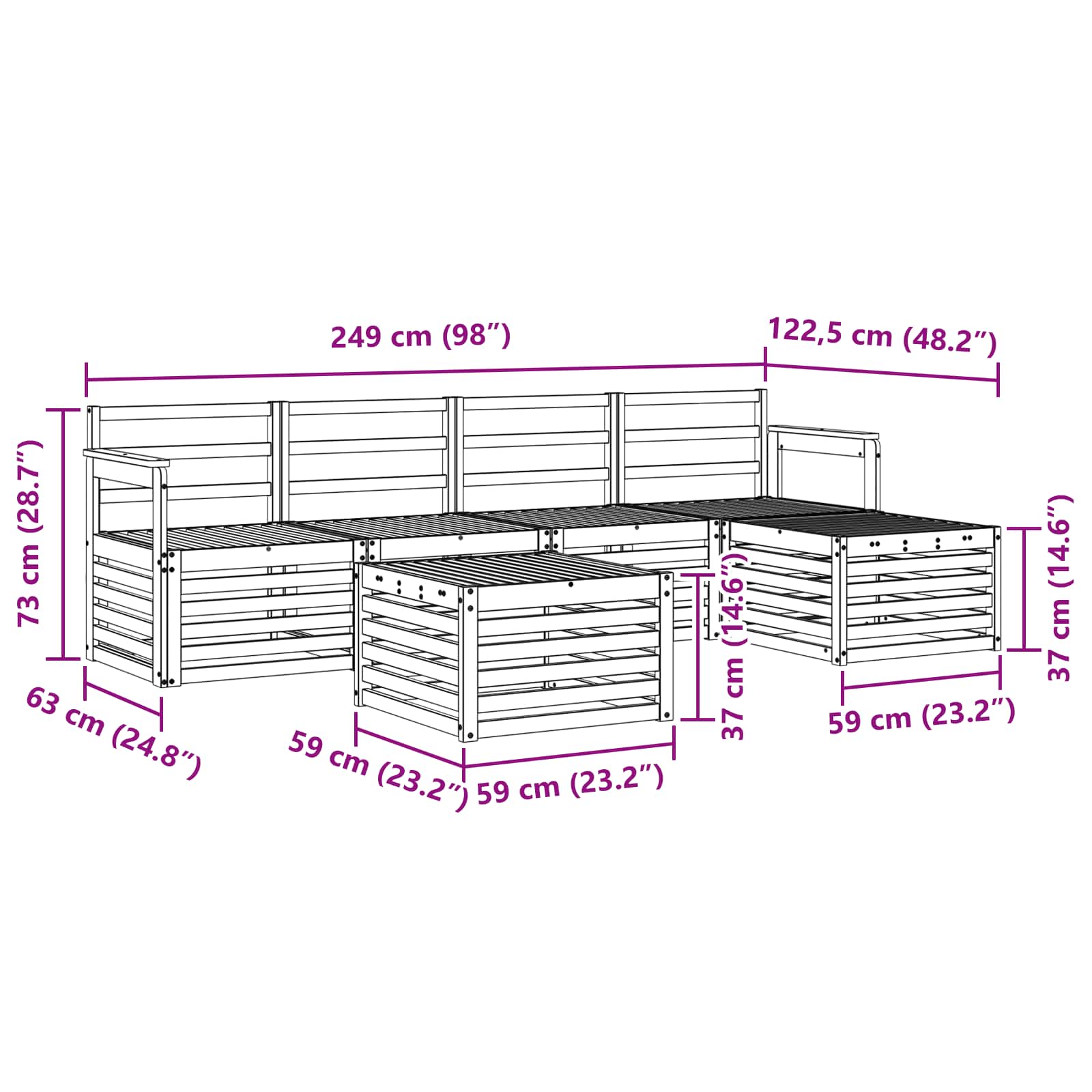 vidaXL Zestaw sof na zewnątrz 6 pcs Biały 59 x 59 x 37 cm