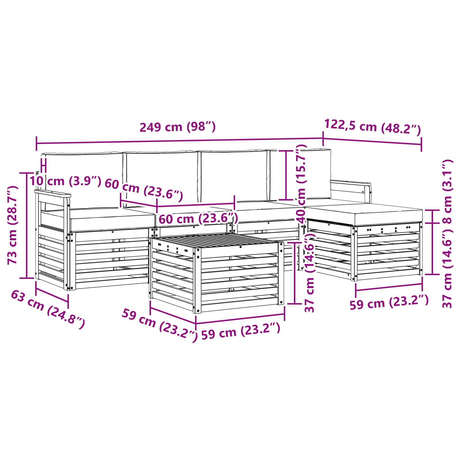 vidaXL Zestaw sof na zewnątrz 6 pcs Biały i jasnoszary 59 x 59 x 37 cm