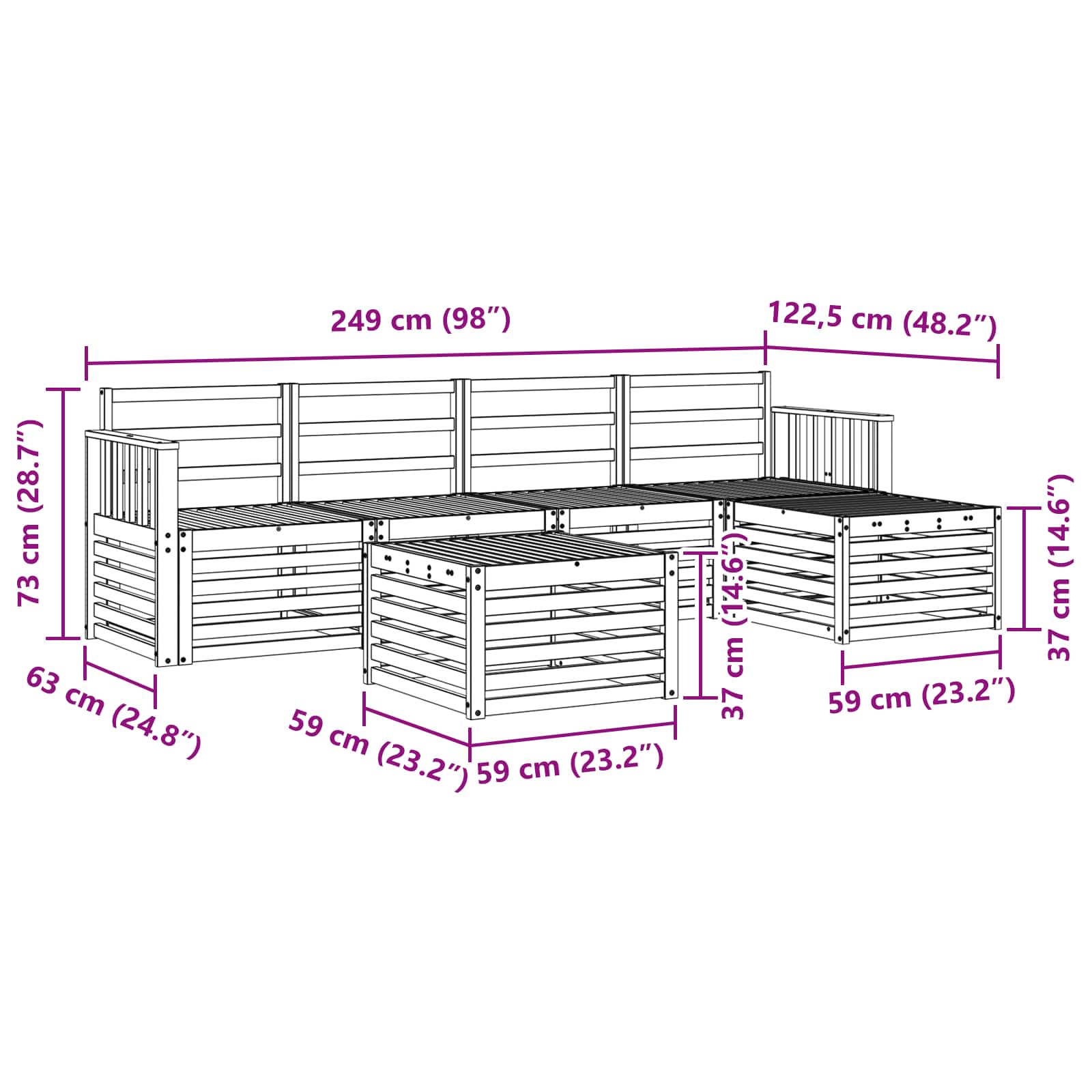 vidaXL Zestaw sof na zewnątrz 6 pcs Biały 59 x 59 x 37 cm