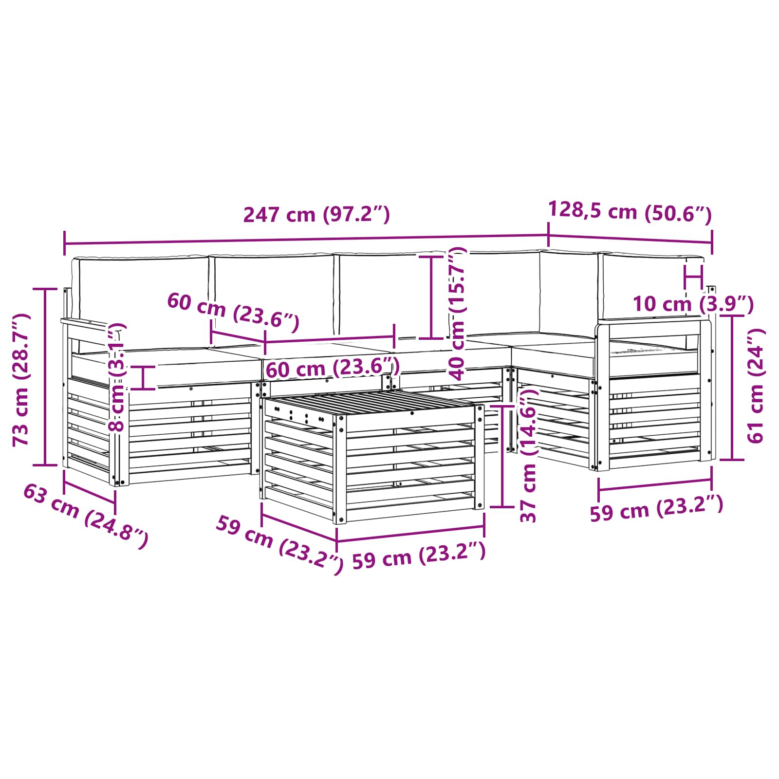 vidaXL Zestaw sof na zewnątrz 6 pcs Biały i Beżowy 59 x 59 x 37 cm