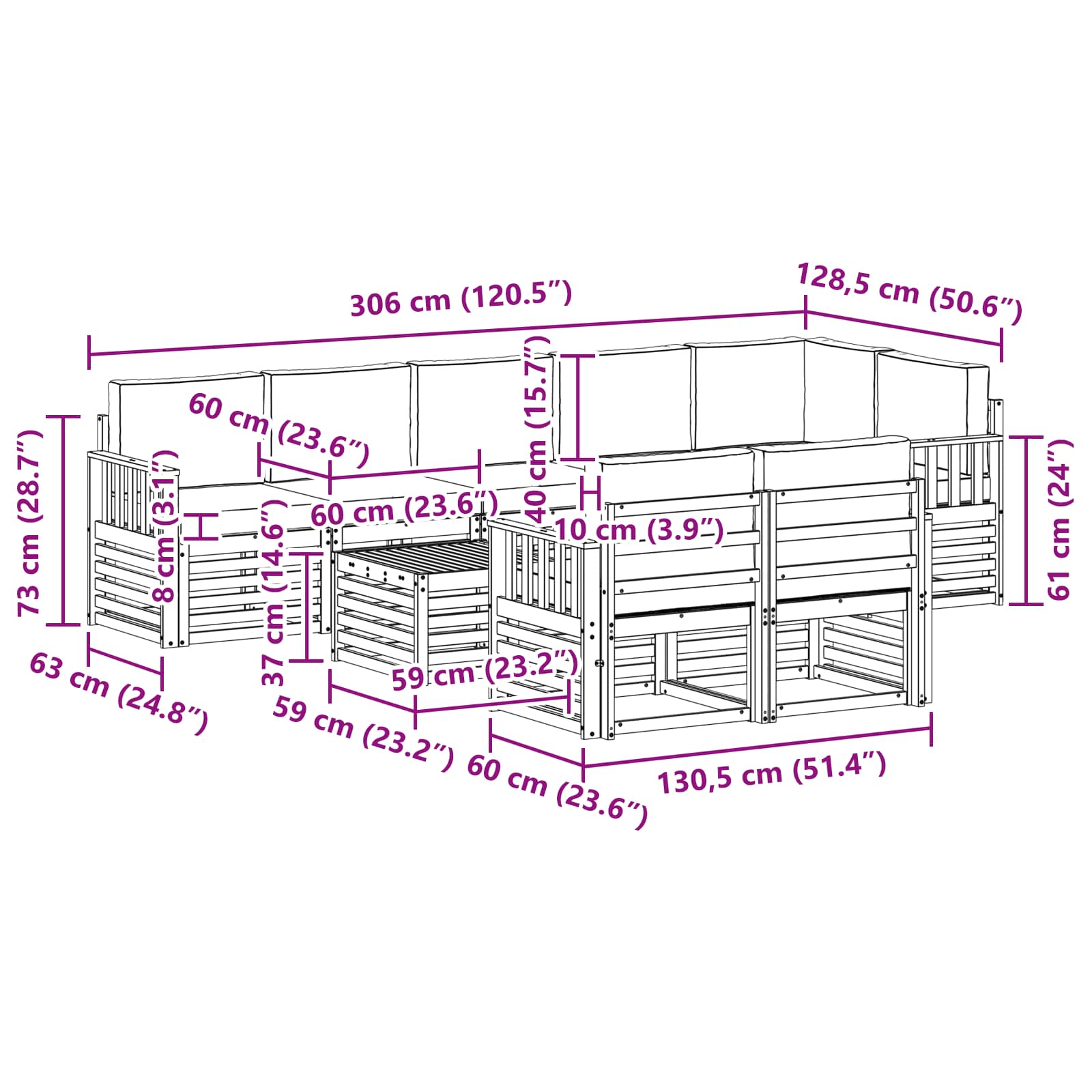 vidaXL Zestaw sof na zewnątrz 8 pcs Biały i Beżowy 59 x 59 x 37 cm