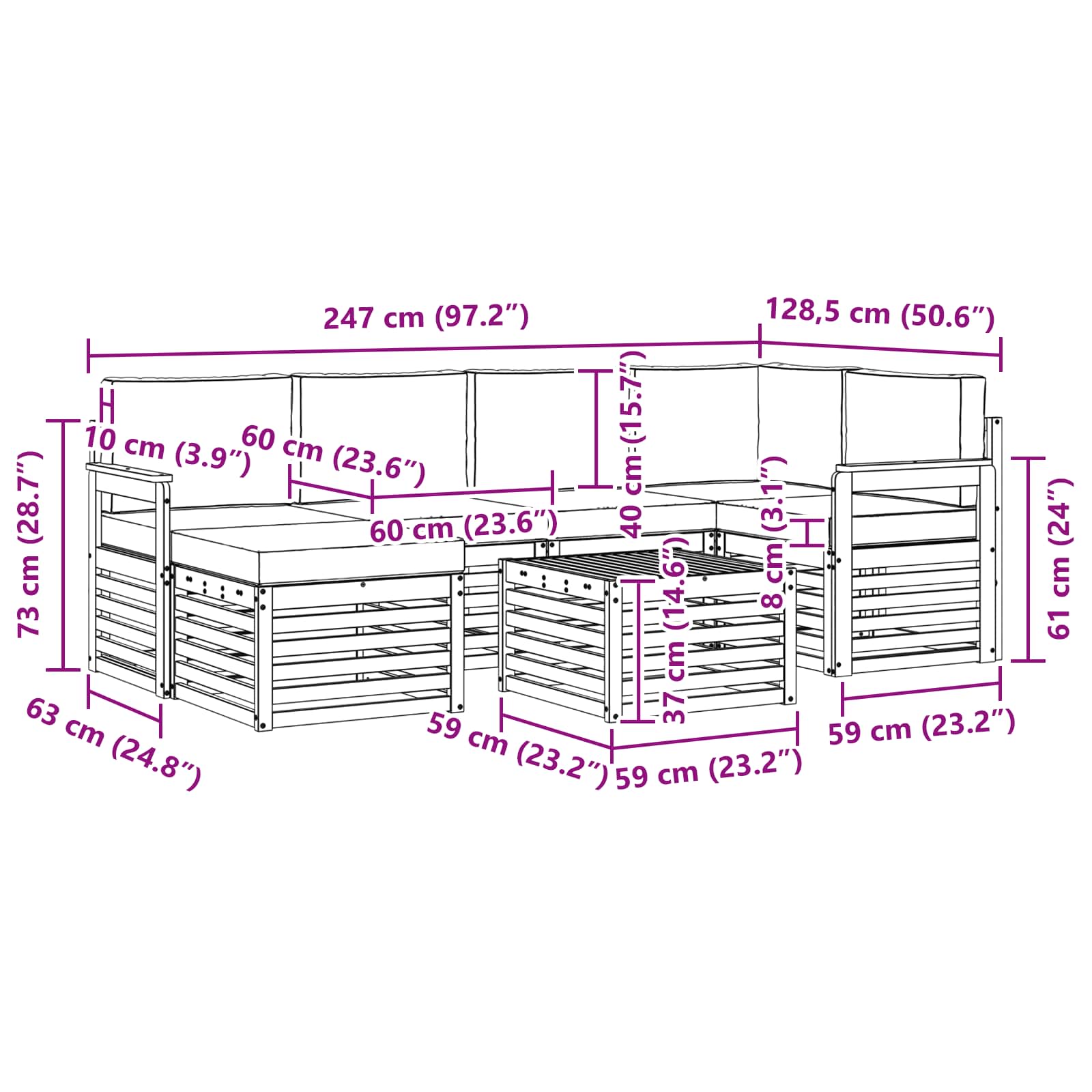 vidaXL Zestaw sof na zewnątrz 7 pcs Biały i Beżowy 59 x 59 x 37 cm