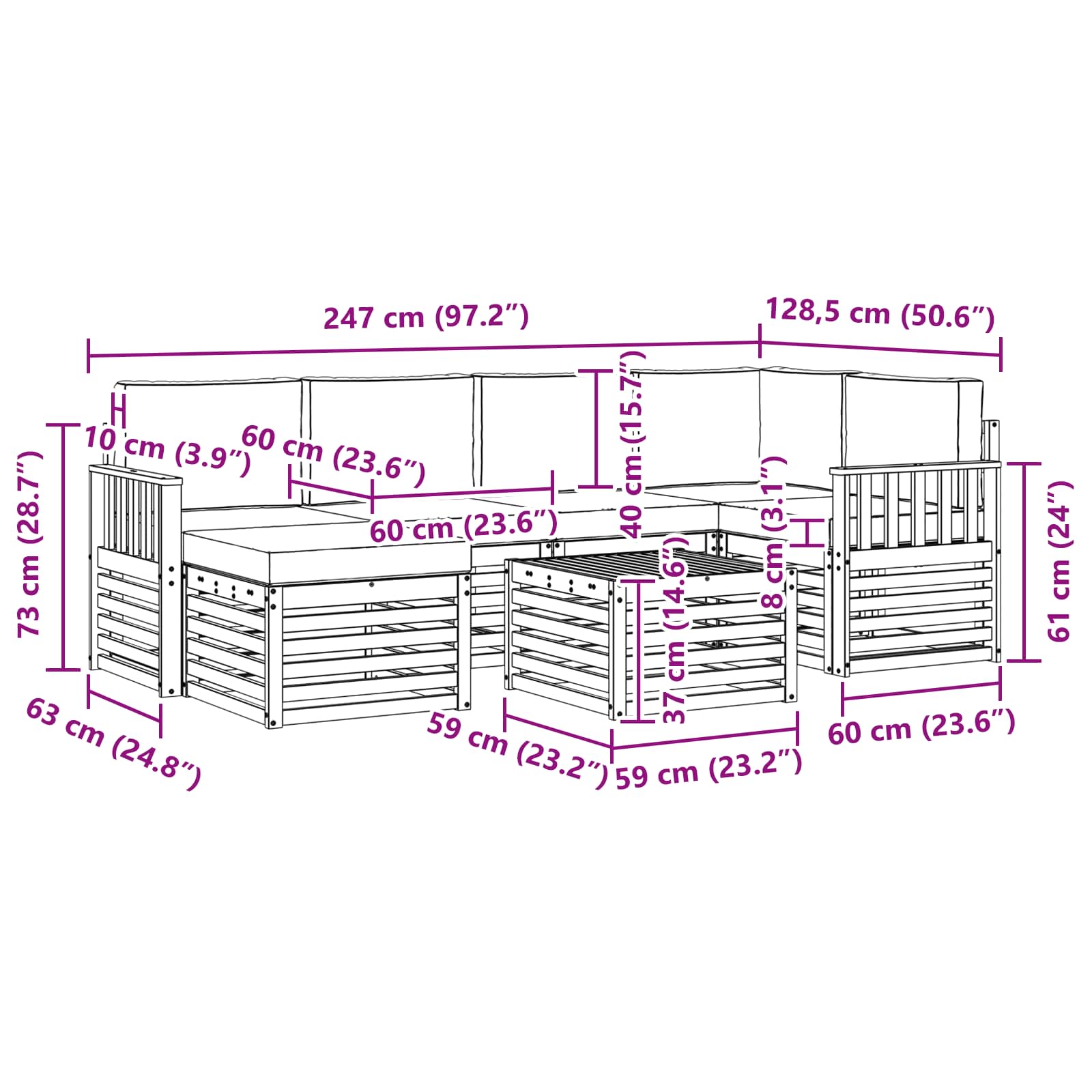 vidaXL Zestaw sof na zewnątrz 7 pcs Biały i Beżowy 59 x 59 x 37 cm