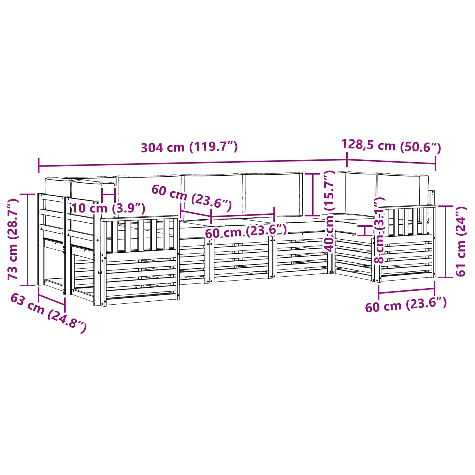 vidaXL Zestaw sof na zewnątrz 6 pcs Biały i beżowy 304 x 128,5 x 73 cm
