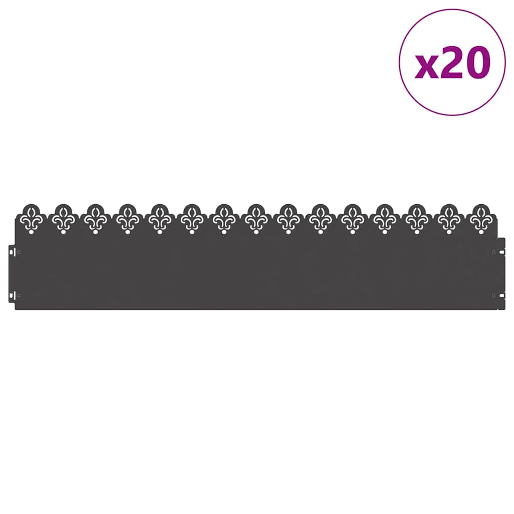 vidaXL Obrzeża trawnikowe 20 pcs Czarny 103 x 0,05 x 22 cm Stal