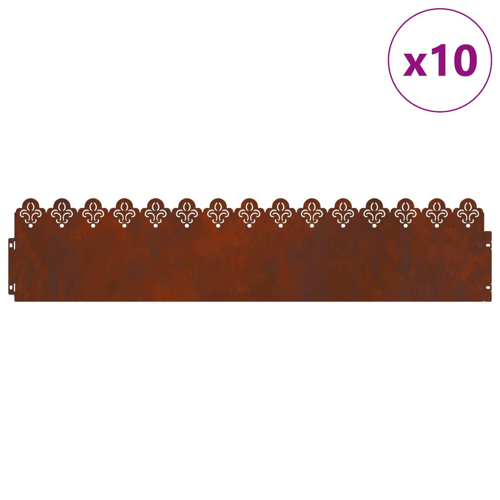 vidaXL Obrzeża trawnikowe 10 pcs Rdzawy 103 x 0,05 x 22 cm