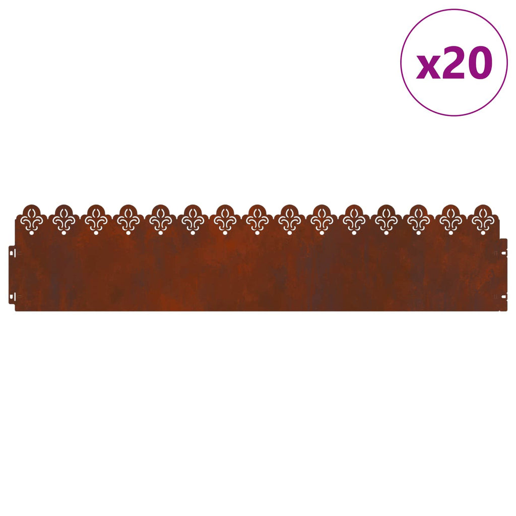 vidaXL Obrzeża trawnikowe 20 pcs Rdzawy 103 x 0,05 x 22 cm