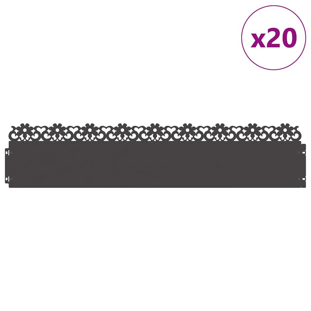 vidaXL Obrzeża trawnikowe 20 pcs Czarny 103 x 0,05 x 22 cm Stal