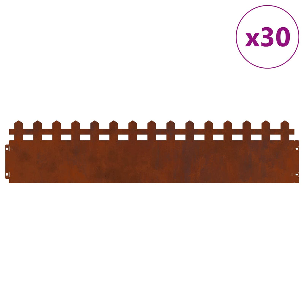 vidaXL Obrzeża trawnikowe 30 pcs Rdzawy 103 x 0,05 x 22 cm