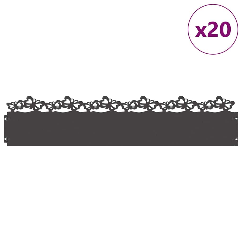 vidaXL Obrzeża trawnikowe 20 pcs Czarny 103 x 0,05 x 22 cm Stal