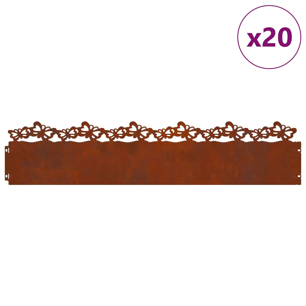 vidaXL Obrzeża trawnikowe 20 pcs Rdzawy 103 x 0,05 x 22 cm