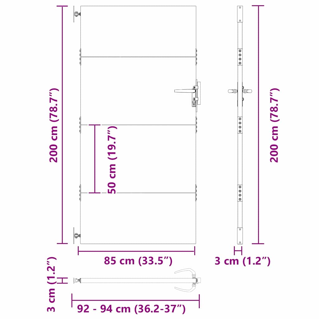 vidaXL Brama ogrodowa Czarny 85 x 200 cm Stal Malowana Proszkowo