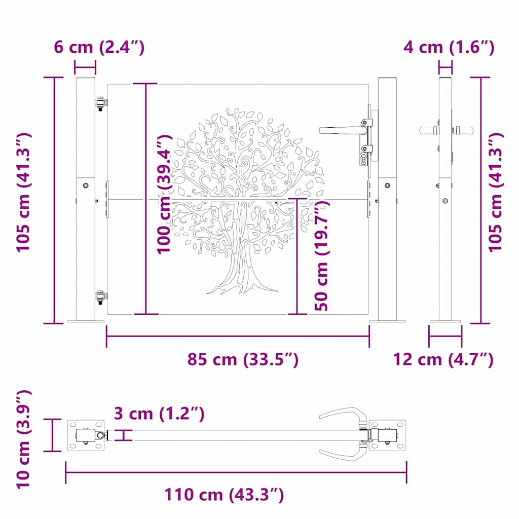 vidaXL Brama ogrodowa Czarny 110 x 105 cm Stal Malowana Proszkowo